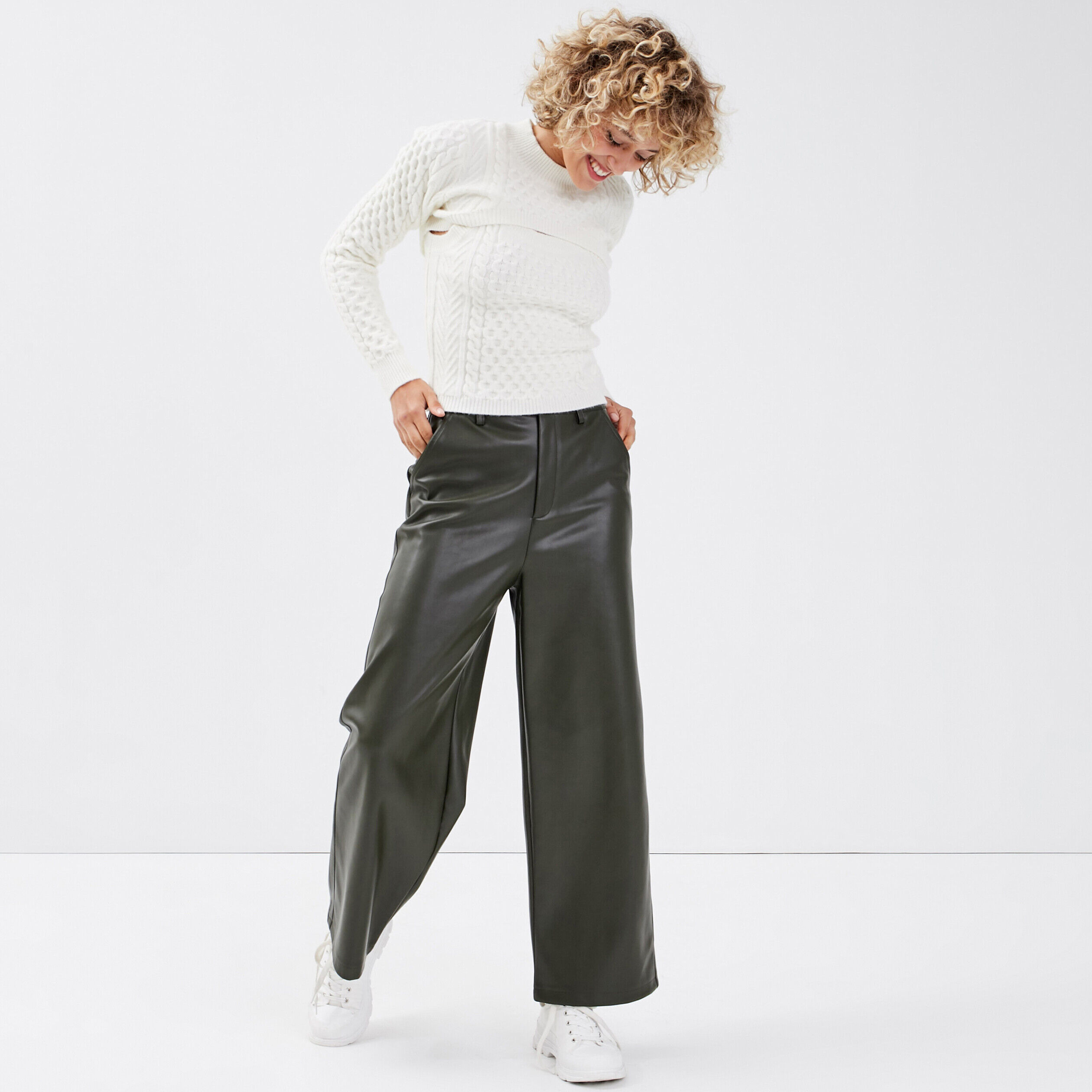 Pantalon bootcut taille haute vert kaki femme | Cache Cache
