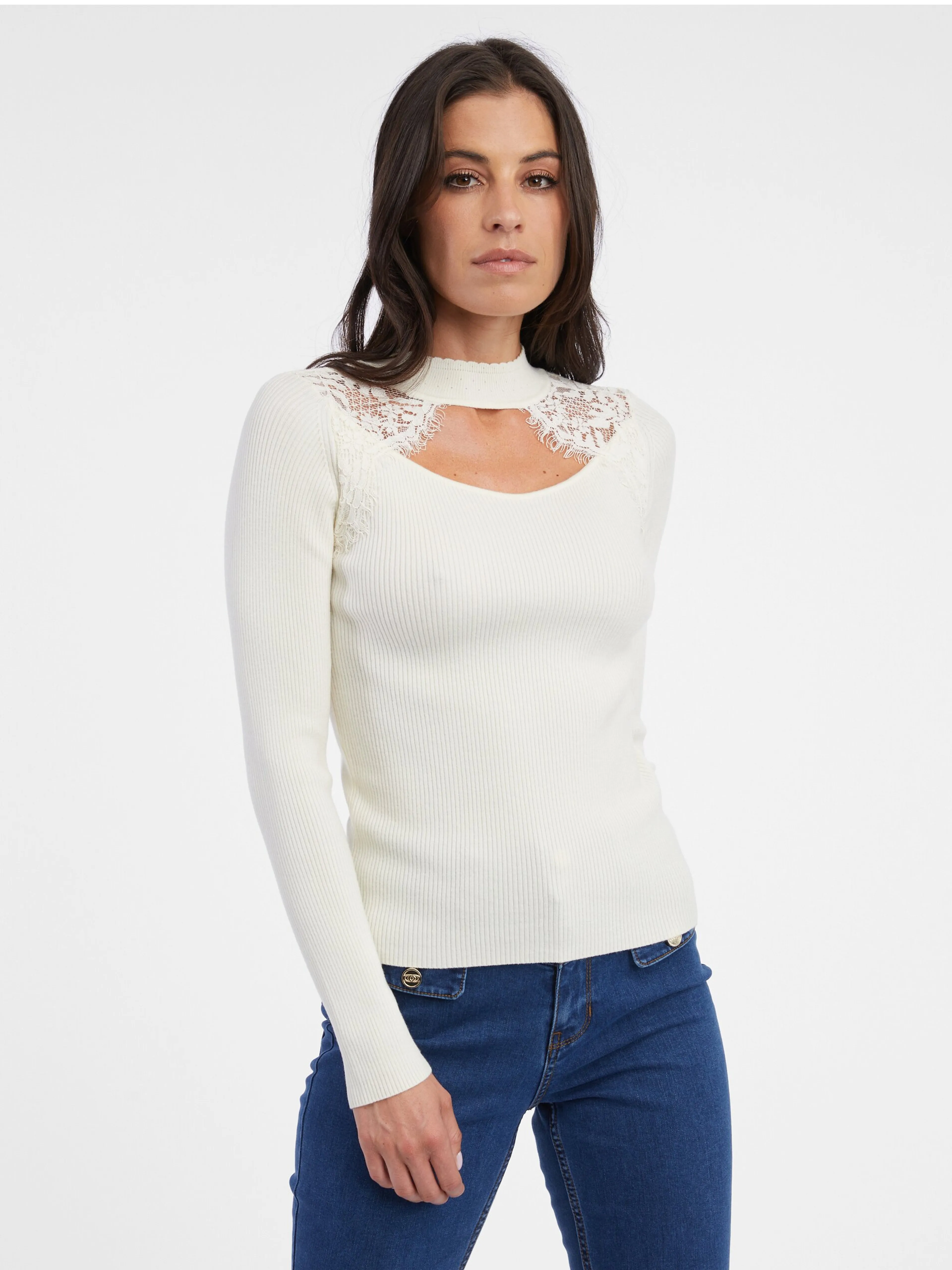 Cremefarbener leichter Damenpullover mit Spitze ORSAY