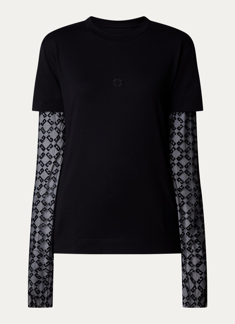 T-shirt Givenchy a maniche lunghe semitrasparente con logo stampato floccato e dettagli in rete.