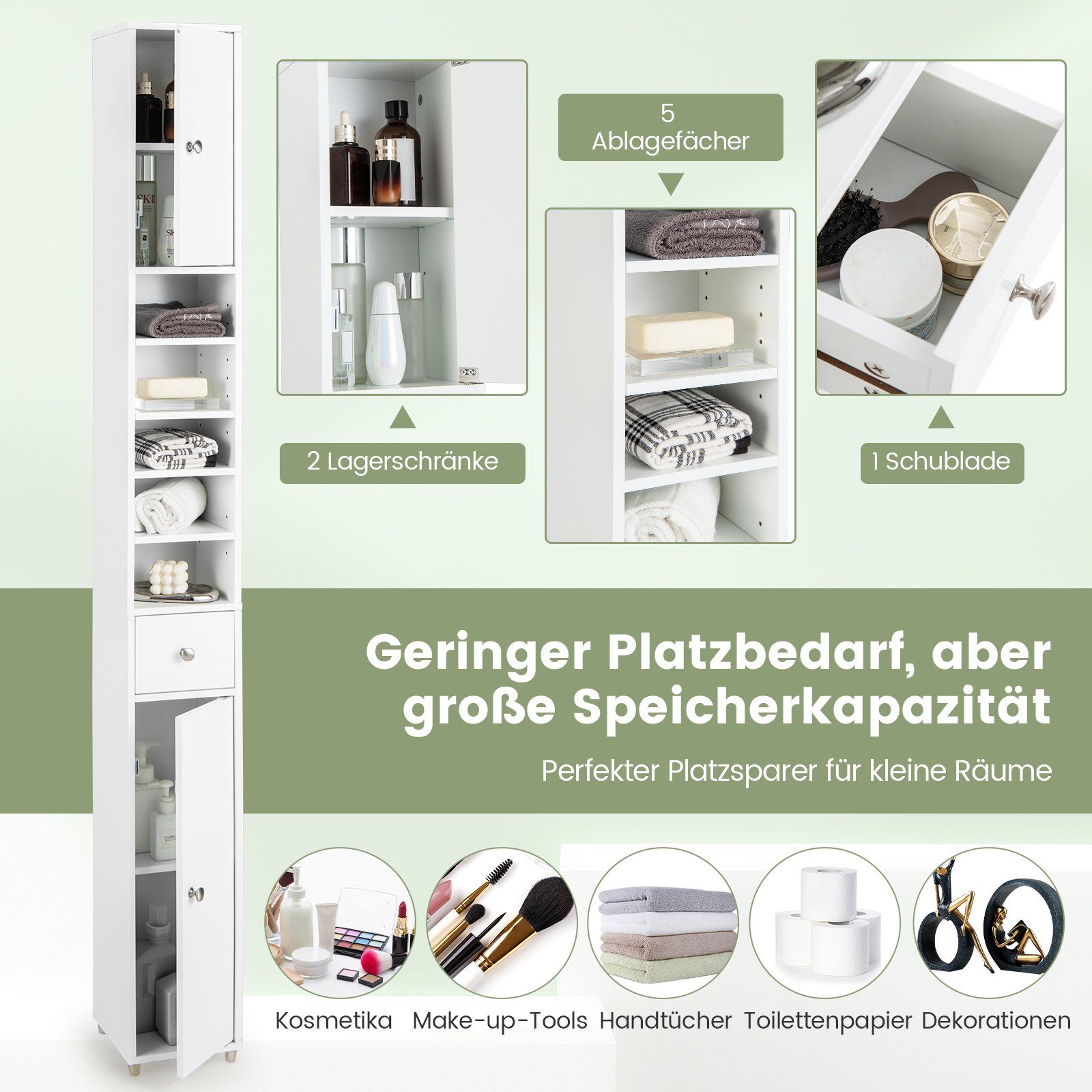 COSTWAY Hochschrank Bad, Schmal, mit Schublade, 2 Türen & Fächern, 180cm weiß