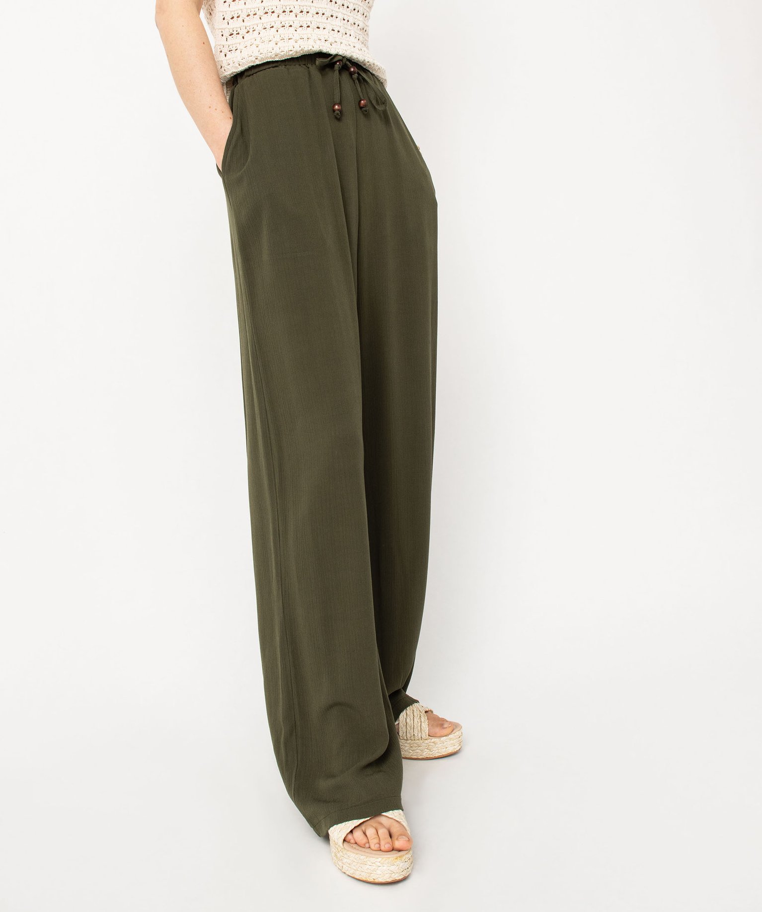 Pantalon en maille fluide aspect crêpe femme kaki | GEMO
