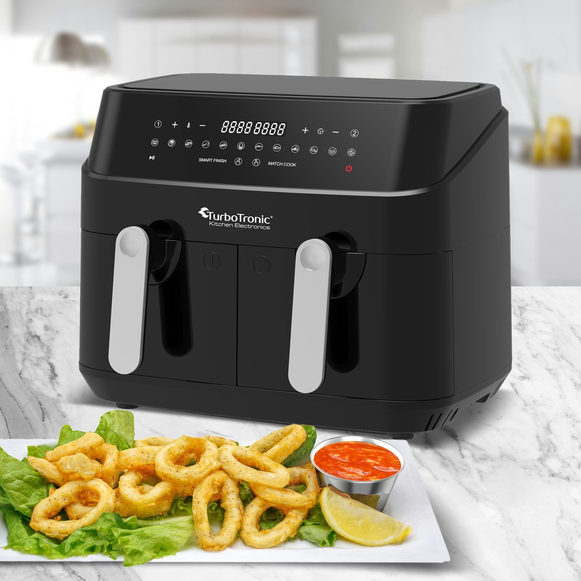 TurboTronic by Z-Line Heißluftfritteuse XXL Doppelkammer 2x 4,5 Liter, 50°C - 200°C, Power, dual, Camping, 3200 W, 12 Programme Fritteuse ohne Fett, digitaler doppel Airfryer Fettfrei