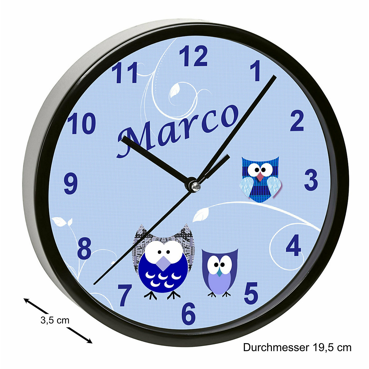 Kinder Wanduhr personalisiert mit Name Eule Blau