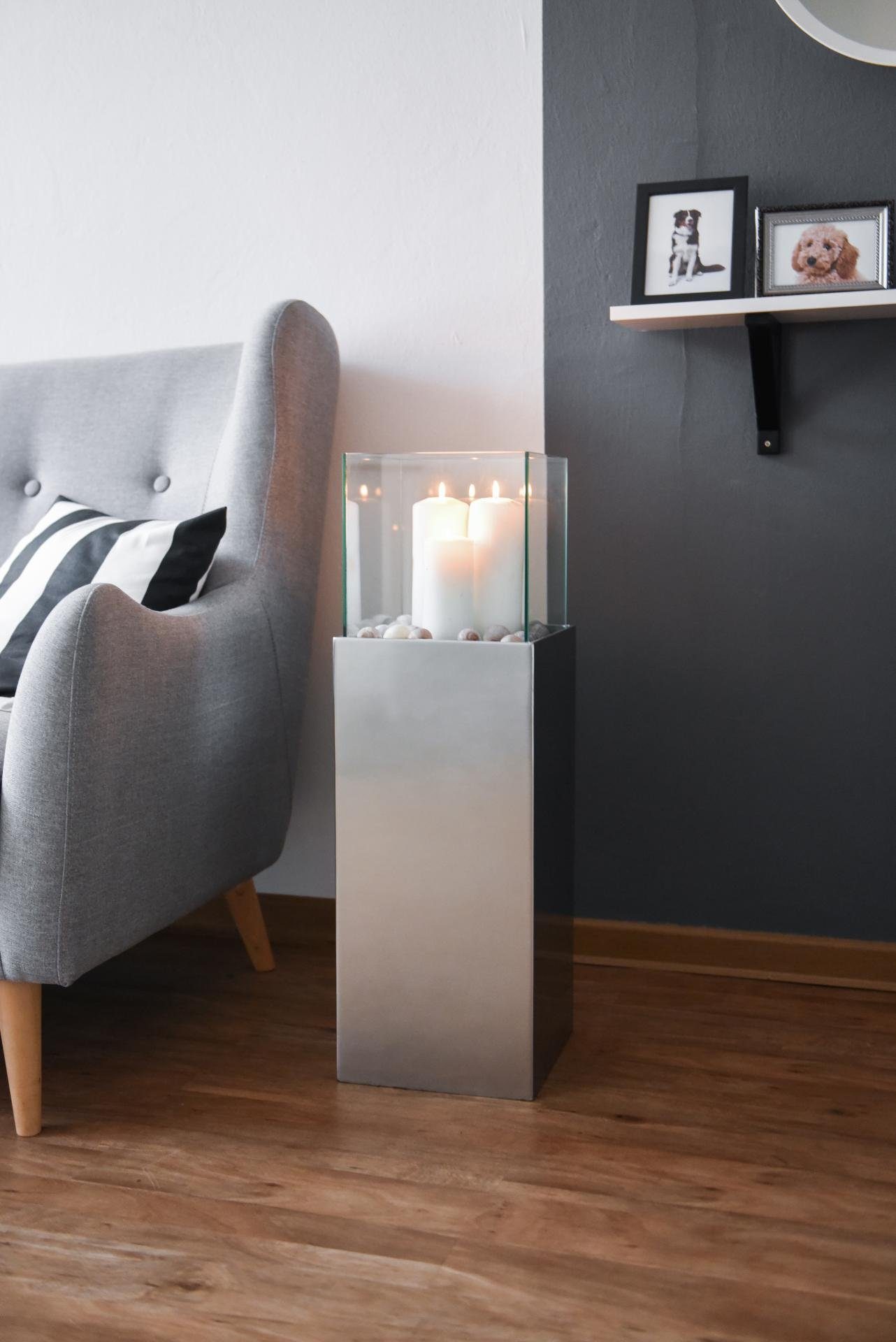 VIVANNO Bodenwindlicht Windlichtsäule Kerzenhalter Windlicht CANDELA - Silber Metallic -