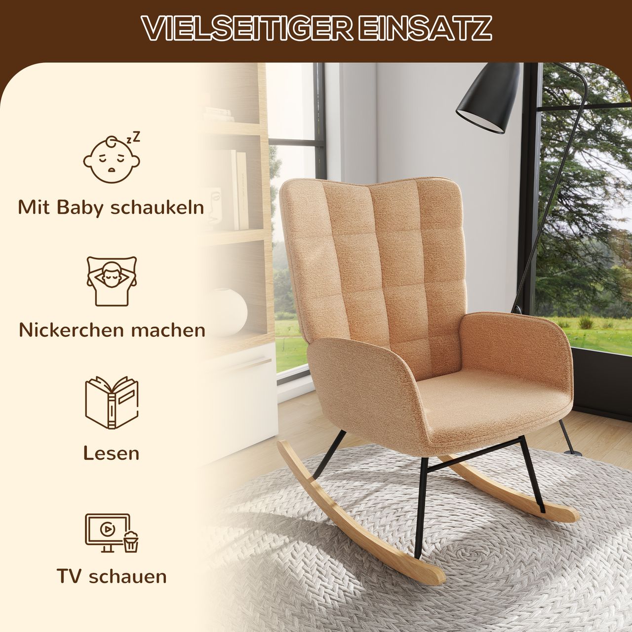 HOMCOM Schaukelstuhl Schwingsessel Akzentstuhl bis 120 kg, Polyester, Braun