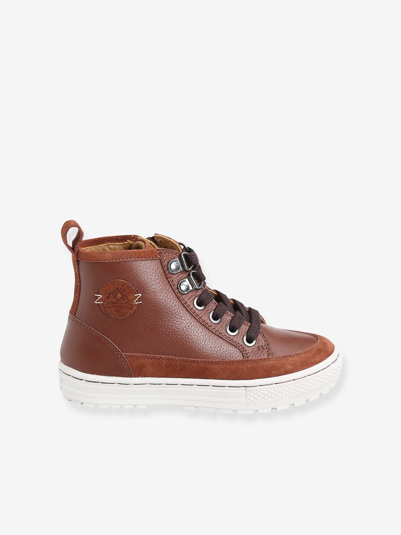 Baskets montantes cuir garçon lacées et zippées marron