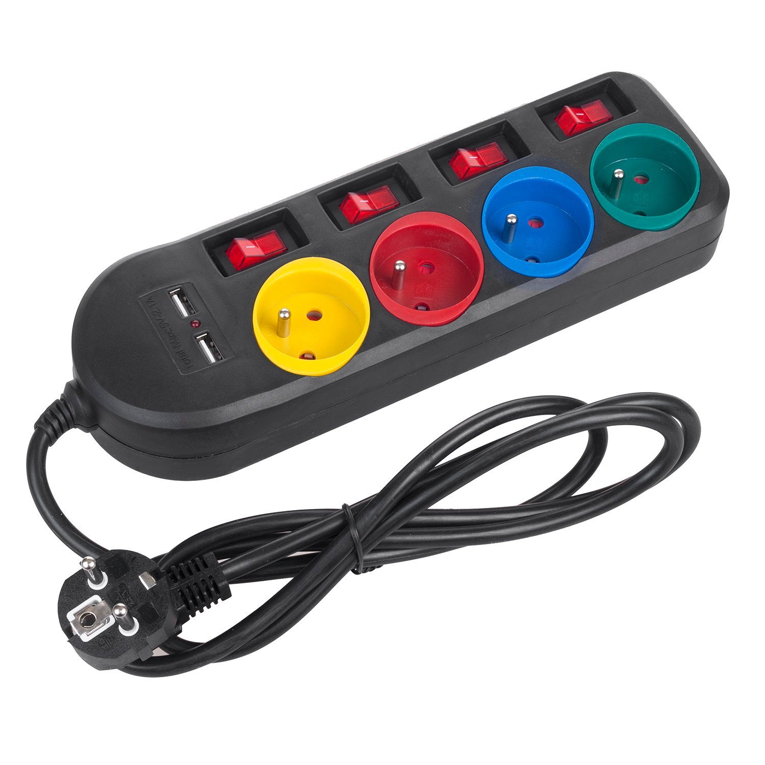Maclean MCE229 Steckdosenleiste 4-fach (Ein- / Ausschalter, USB-Anschlüsse, separate Ein- / Ausschalter, Kindersicherung, Kabellänge 1.5 m), 4-Steckdosen-Verlängerungskabel + 2xUSB, mit Schalter 1,5m