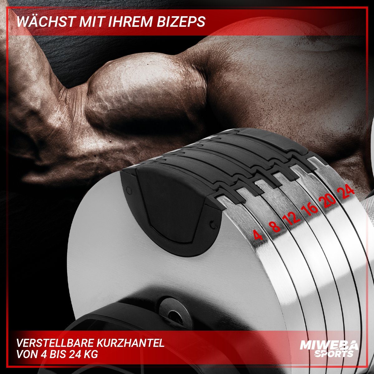 Miweba Sports Kurzhantel verstellbares Fitness Hantel Set VH100 inkl. Gestell, (Packung, 12 Gewichtsstufen, 2 – 24 kg, funktionales Verschluss-System, Stahl, Chrom Optik, platzsparend, Krafttraining, Muskelaufbau, Sport, Workout, Kurzhantelset), 12-i