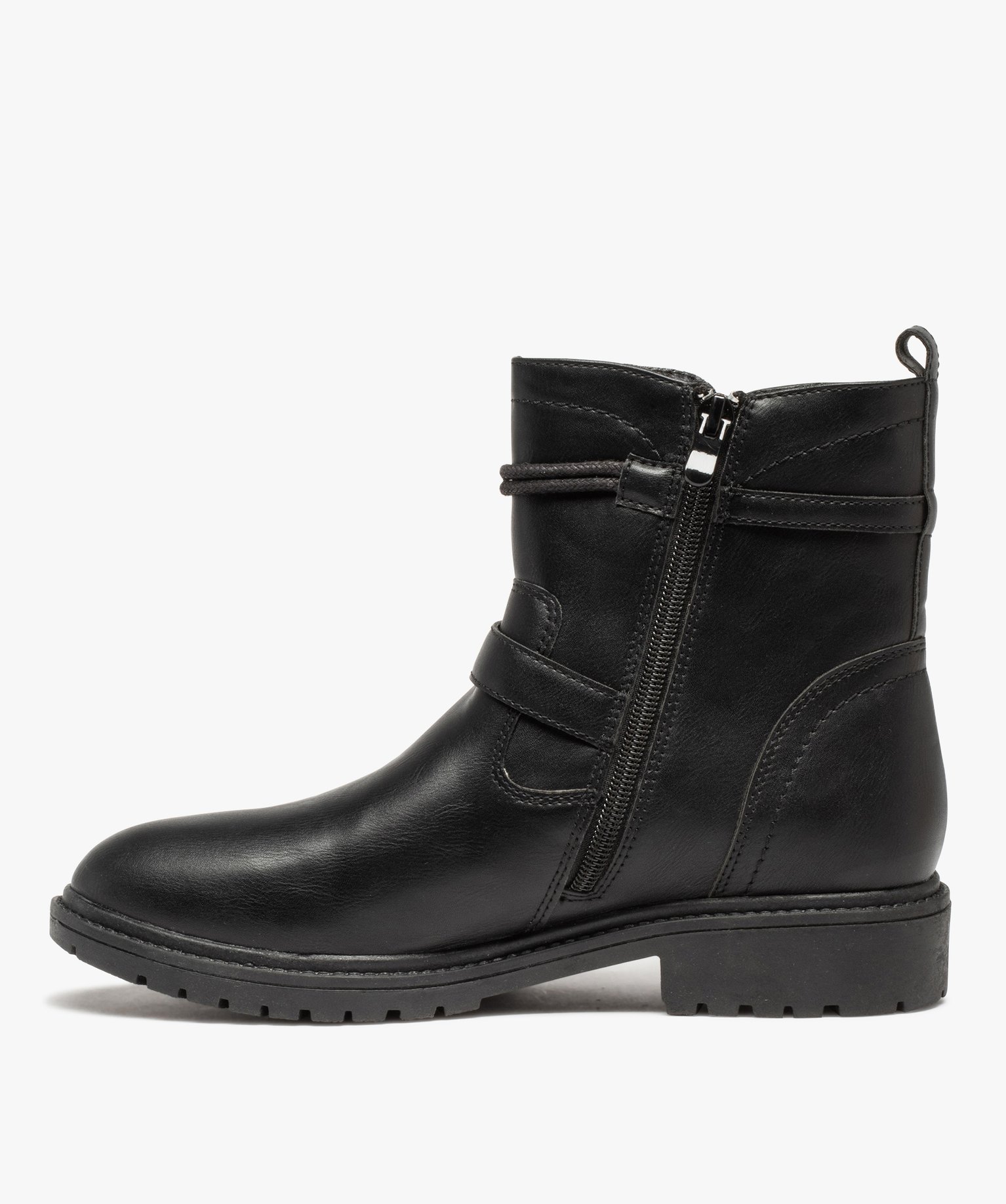 Boots femme unies à brides décoratives et talon large noir | GEMO