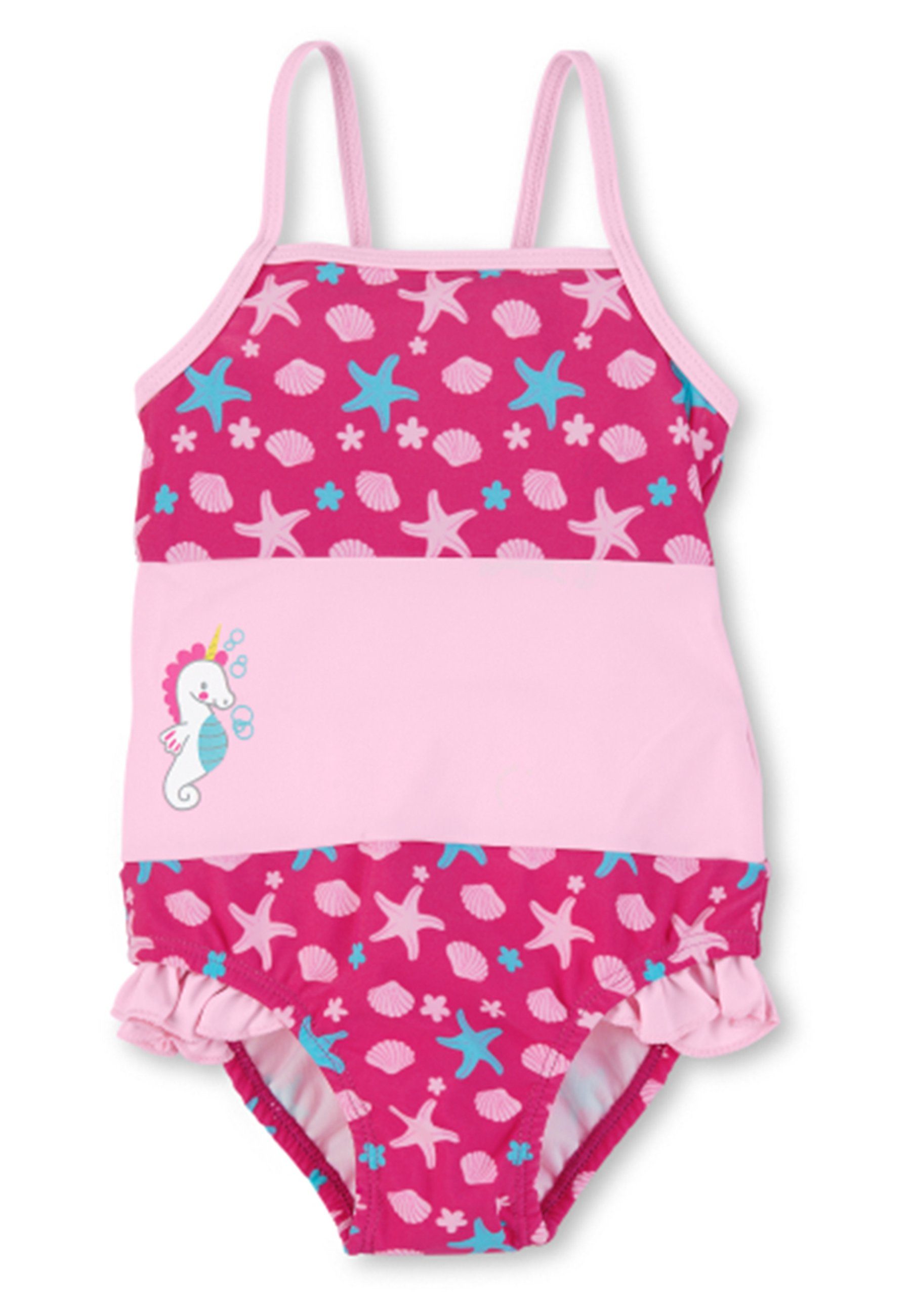 Sterntaler® Badeanzug Badeanzug uni + Seesterne Kinderbadeanzug - Badeanzug mit Rüschen in Magenta und Seesternen-Print, UV-Schutz 50+ Baby Badebekleidung mit Windeleinsatz