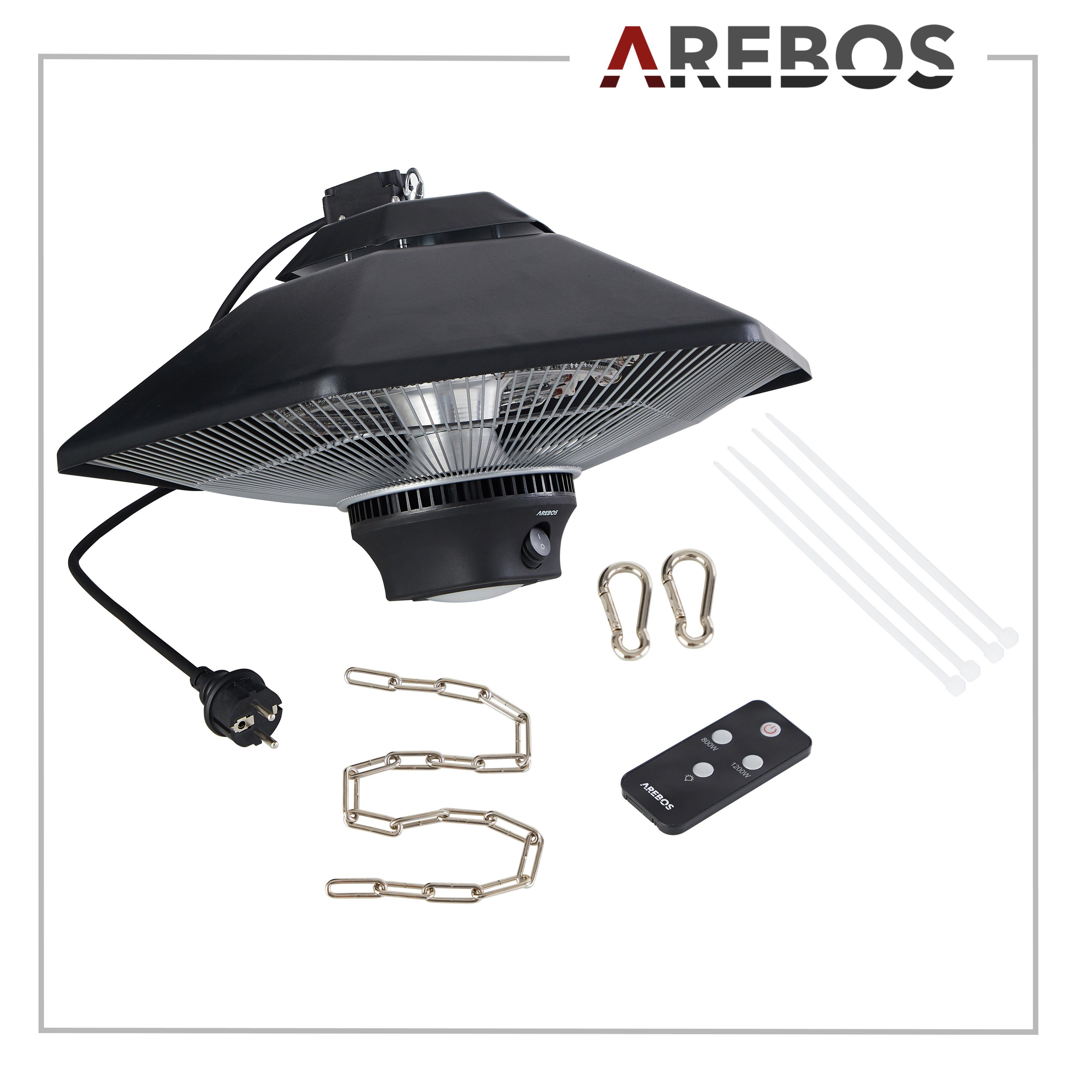 Arebos Terrassenstrahler Deckenheizstrahler 2000 W + Fernbedienung, 3 Heizstufen, zuschaltbare LED Beleuchtung, 2 Halogenlampen