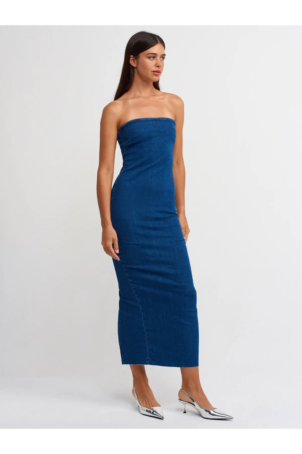 Dilvin  90523 Nahtloser Rock, trägerloses Jeanskleid – Marineblau