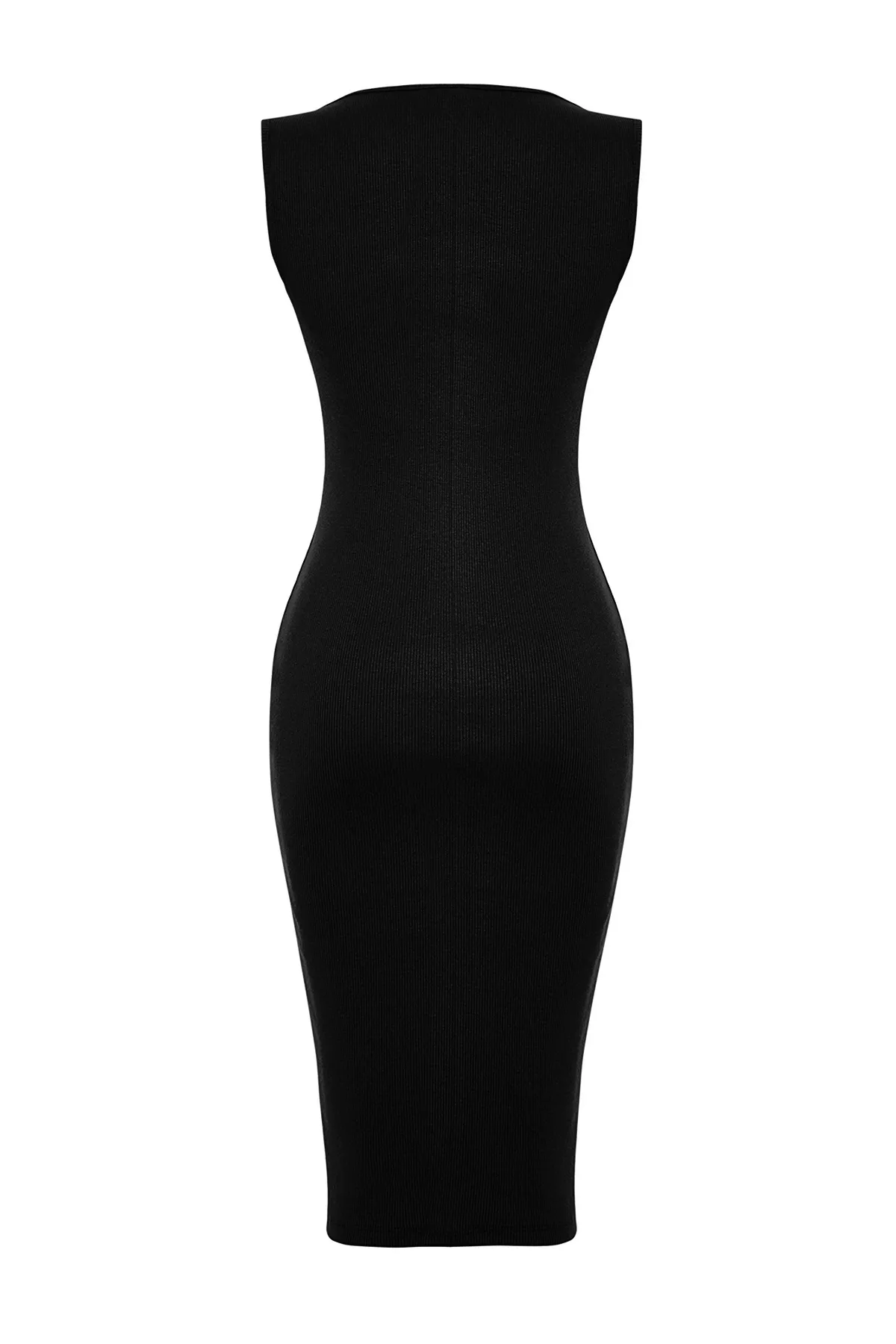 Trendyol Collection  Schwarzes, geripptes, dehnbares Strick-Midi-Bleistiftkleid mit Poolkragen TWOSS24EL00488