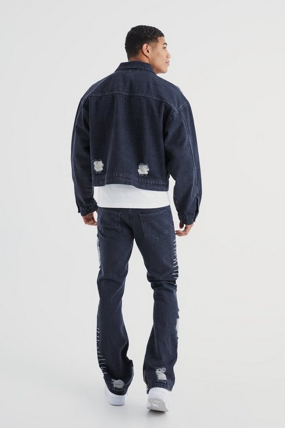 Kastige Jeansjacke mit Skelett-Applikation