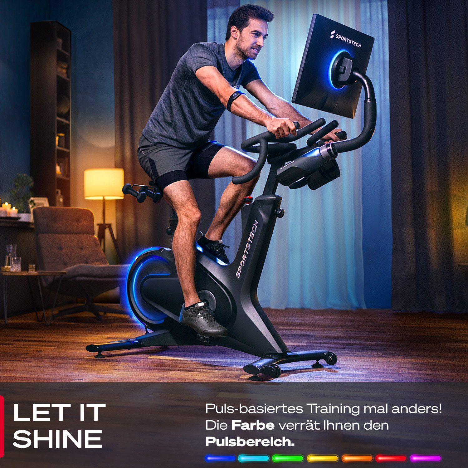 Sportstech Speedbike sBike (Speedbike Heimtrainer Sportstech Fitness Bike für Zuhause), Smart Indoor Cycling Bike, 21,5“ Touch Display Live & On Demand Kurse