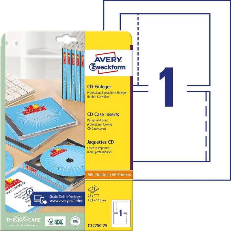 AVERY Zweckform CD/DVD Etiketten C32250-25 nicht haftend DIN A4 Weiß 151 x 118 mm 25 Blatt à 1 Etiketten