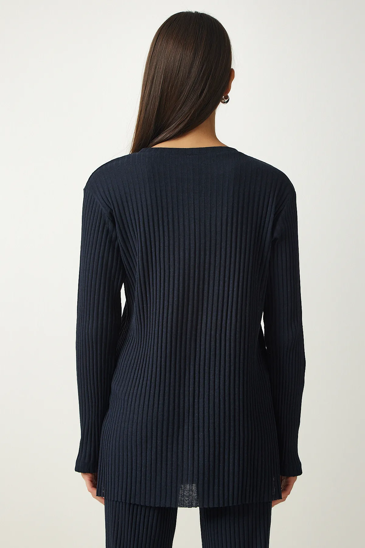 Happiness İstanbul  Damen-Set aus schnurgebundener Strickbluse und Hose in Marineblau OW00008