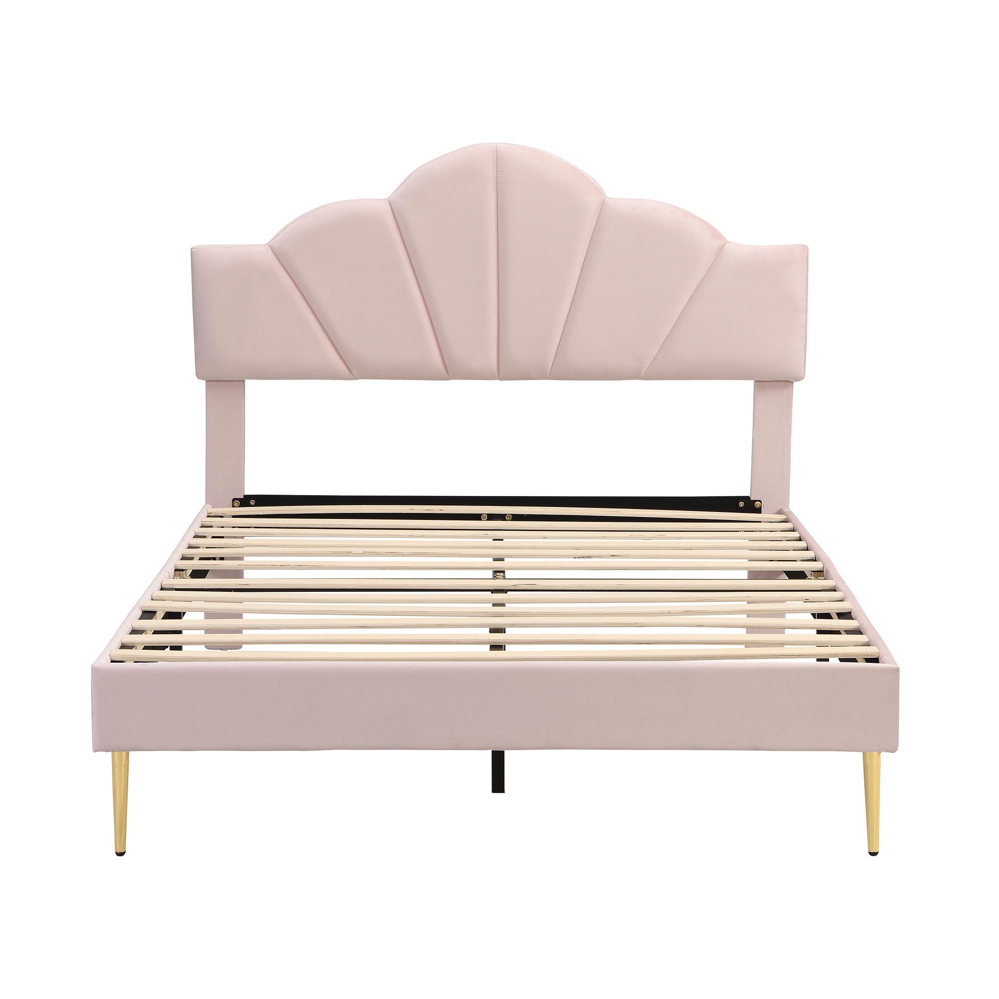 Flieks Polsterbett, Samt Doppelbett mit höhenverstellbarem Muschel-Form-Kopfteil 140x200cm