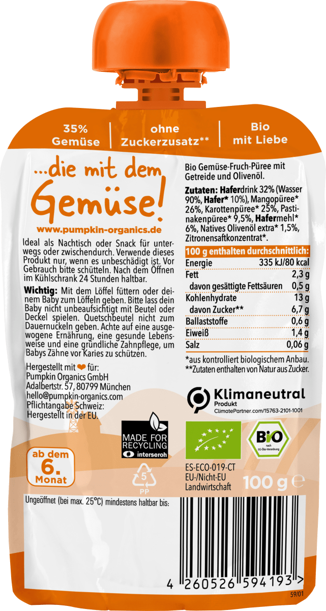 Quetschie Mango, Karotte, Pastinake und Hafer, ab 6 Monaten, 100 g