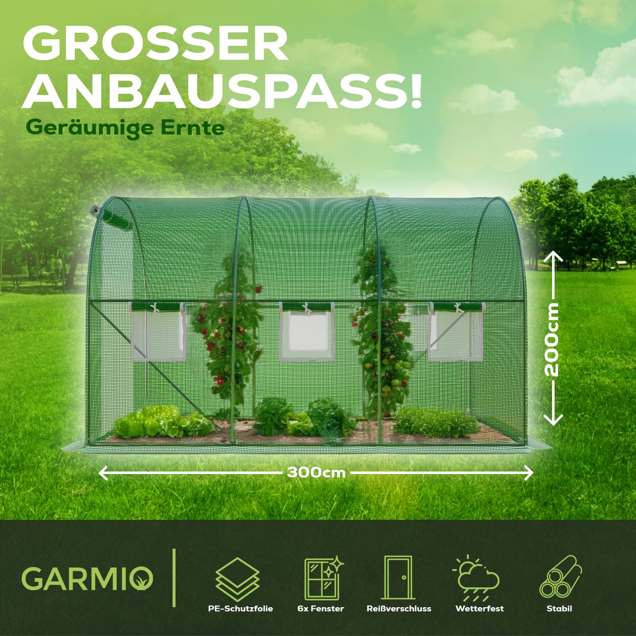 TroniTechnik GARMIO® Foliengewächshaus CICATA, Tomatenzelt, winterfest, 3x2x2m, Frühbeet, Pflanzenhaus