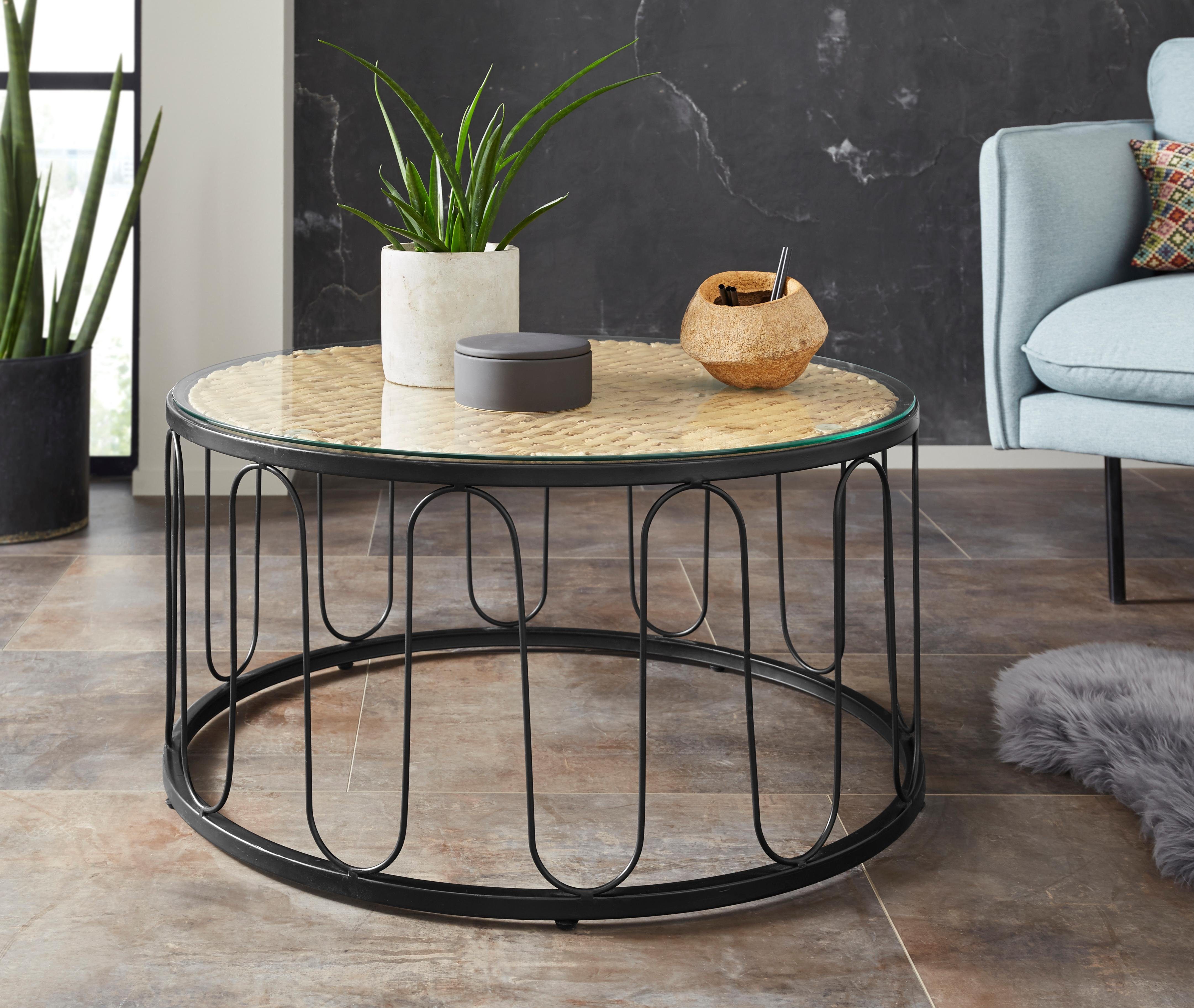 Home affaire Couchtisch Sudbury, geflochtene Wasserhyazinthe, schwarzes Metallgestell, Durchmesser 80cm