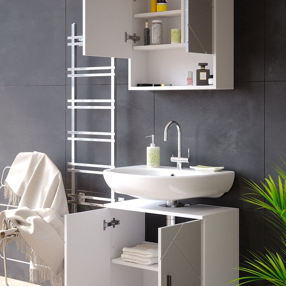 Vicco Badezimmer-Set Badmöbel Badezimmermöbel Irma Weiß Hochglanz Set 1, (3-er Set, 2-St., Spiegelschrank,Waschbeckenunterschrank,Badschrank)