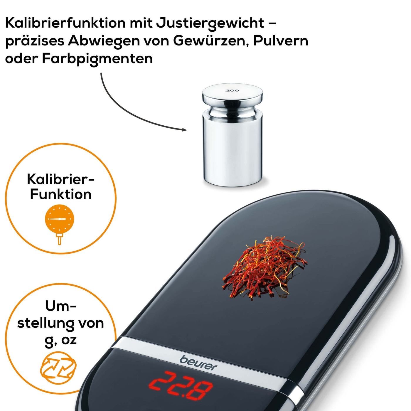 Beurer Präzisionsküchenwaage KS 36-Flache Feinwaage für die Küche mit Kalibrierfunktion & Magic-Display