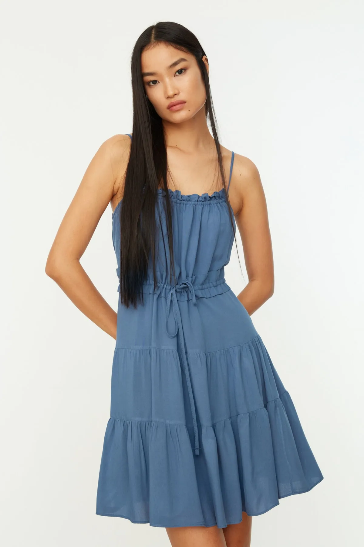 Trendyol Collection  Indigoblaues Mini-Kleid mit geraffter Taille, gewebt, gerafft, TWOSS20EL2679