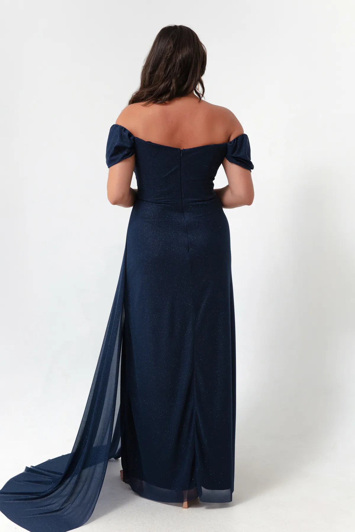 Lafaba  Damen-Abendkleid in Marineblau mit U-Boot-Ausschnitt, drapiertem Schlitz, langes Glitzer-Abendkleid