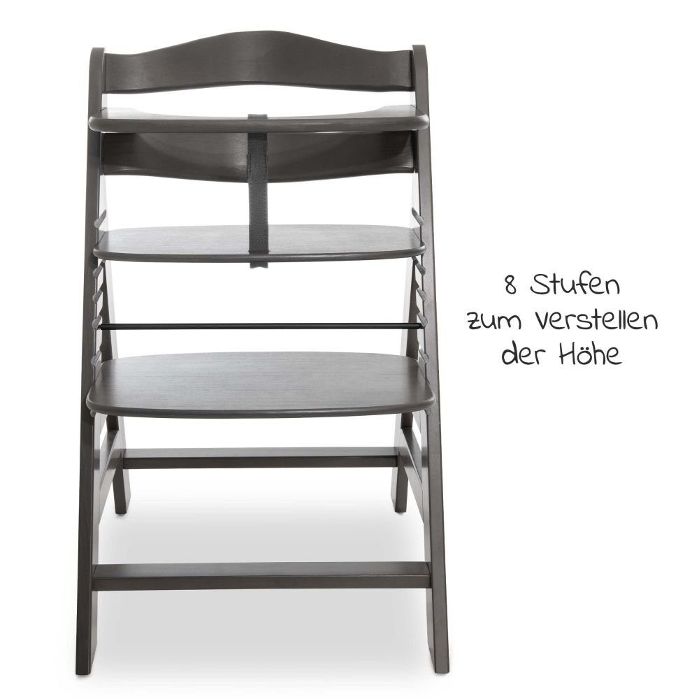 Hauck Hochstuhl Alpha Plus Select - Charcoal / Dunkelgrau, Mitwachsender Holz Kinderhochstuhl verstellbar mit Schutzbügel & Gurt
