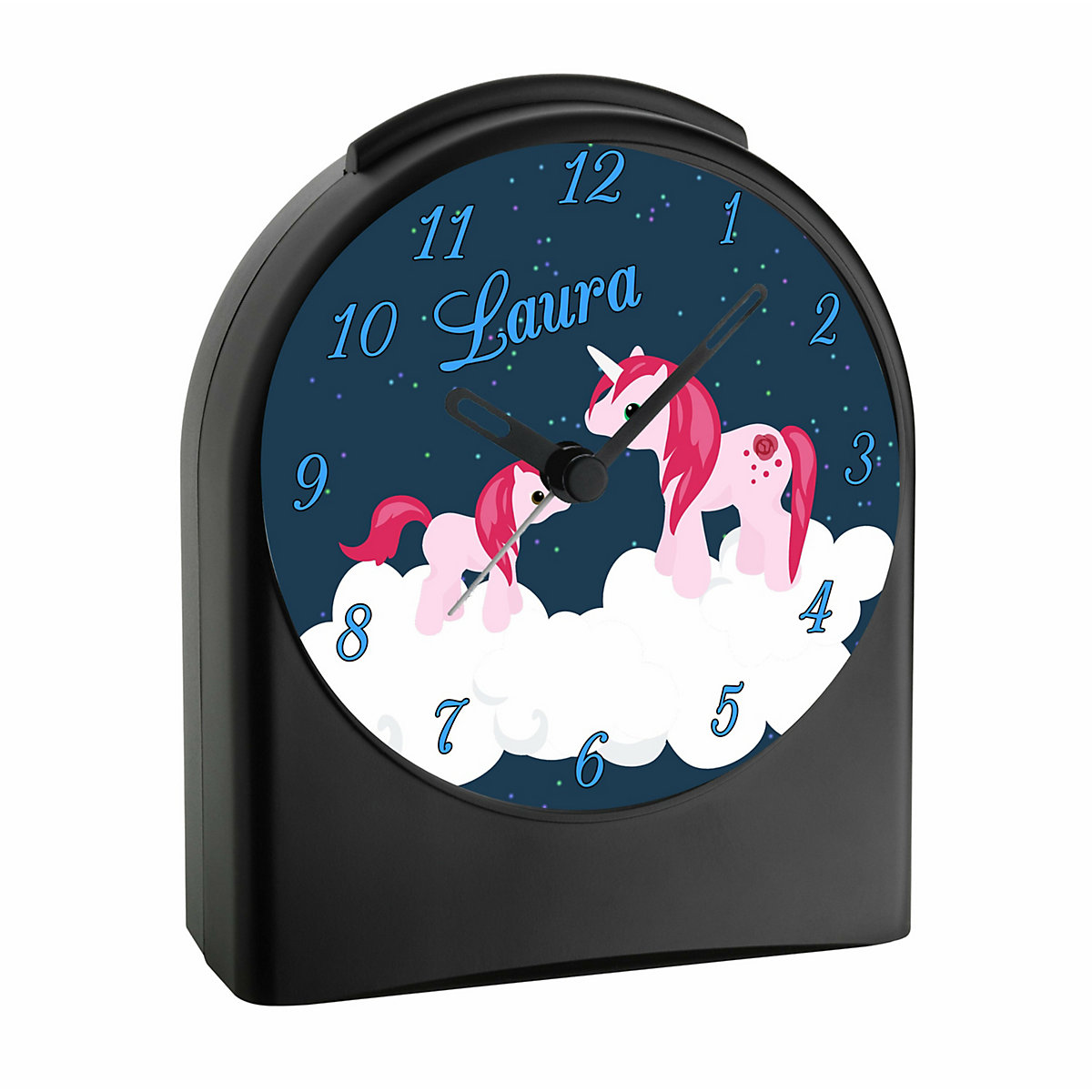 Kinder Funkwecker personalisiert mit Namen Einhorn Atom-/Funkuhr, 12-Stunden-Anzeigeformat, Schlummerfunktion, Nachtlicht, Geräuschlos/Ohne Ticken