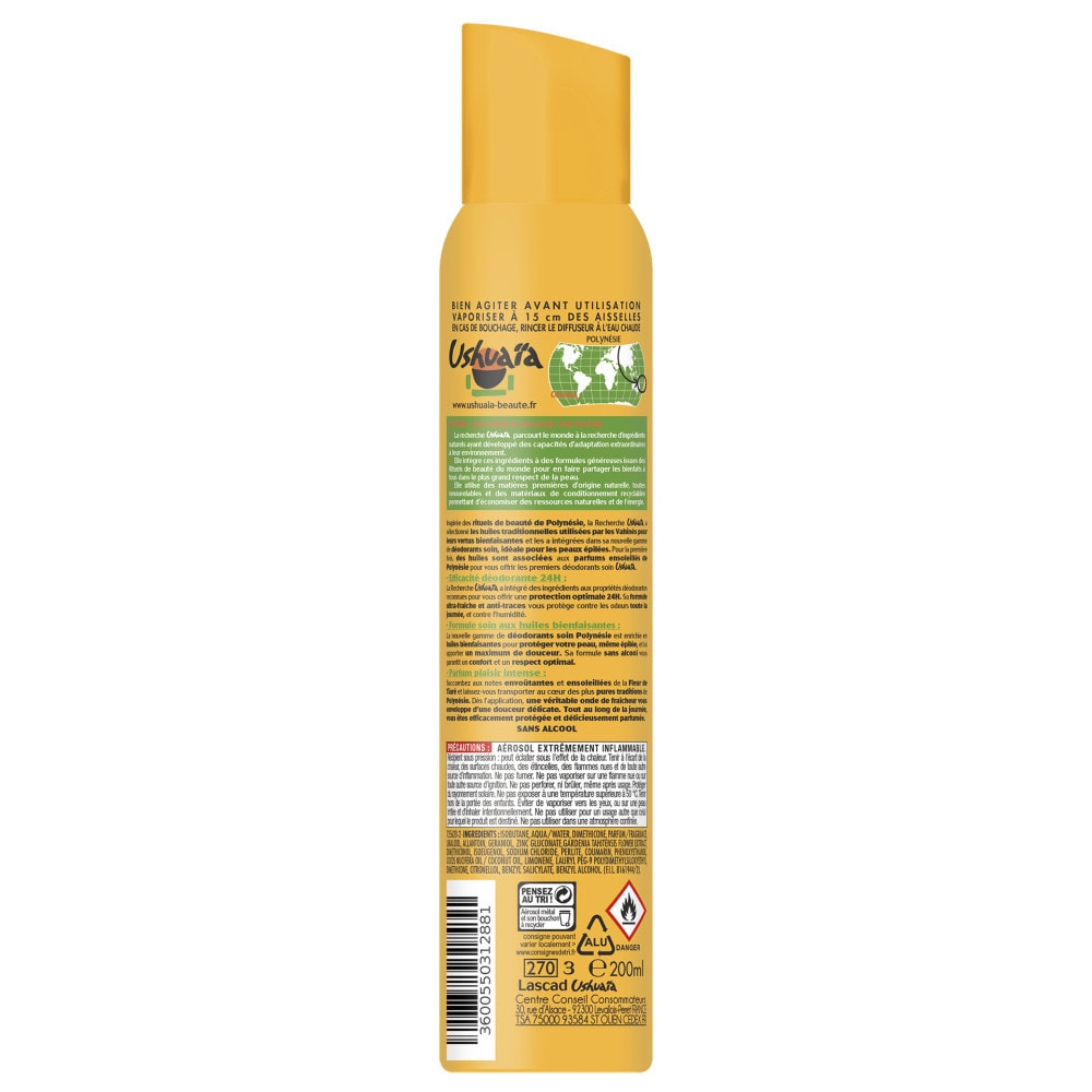 ushuaïa Rituel de Polynésie Déodorant Spray Soin Huile de Monoï & Fleur de Tiaré 24h