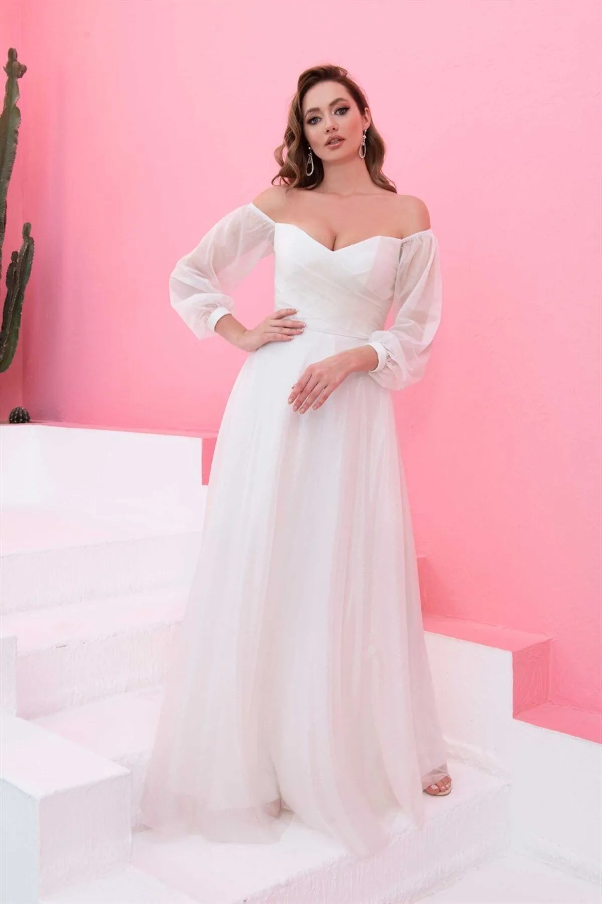 Carmen  Ecru glitzerndes Langarm-Hochzeitskleid und Outdoor-Shooting-Kleid