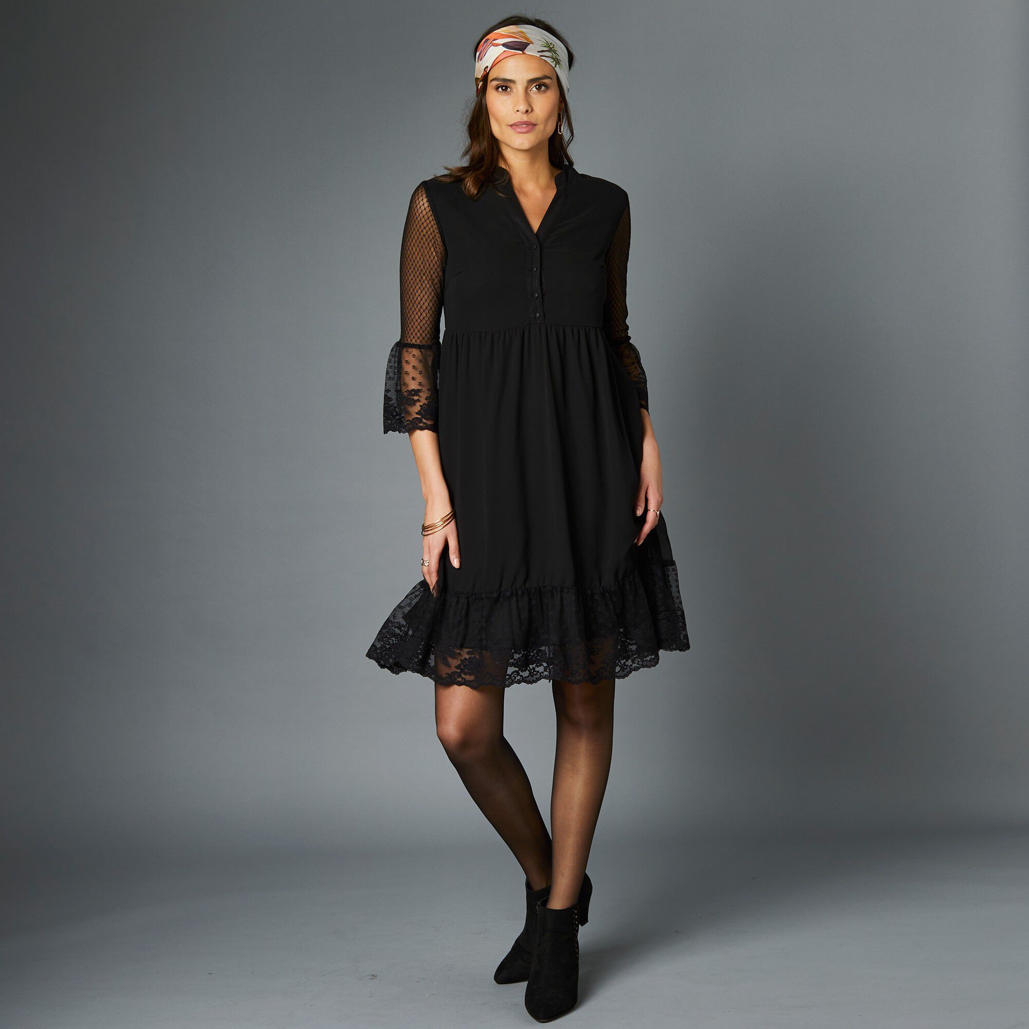 Robe dentelle manches 3/4 unie