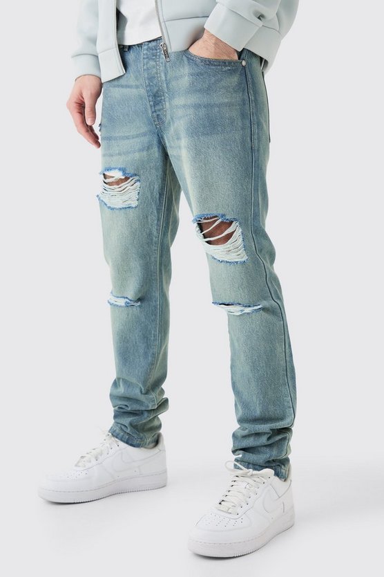 Zerrissene Slim-Fit Jeans in Antikblau
