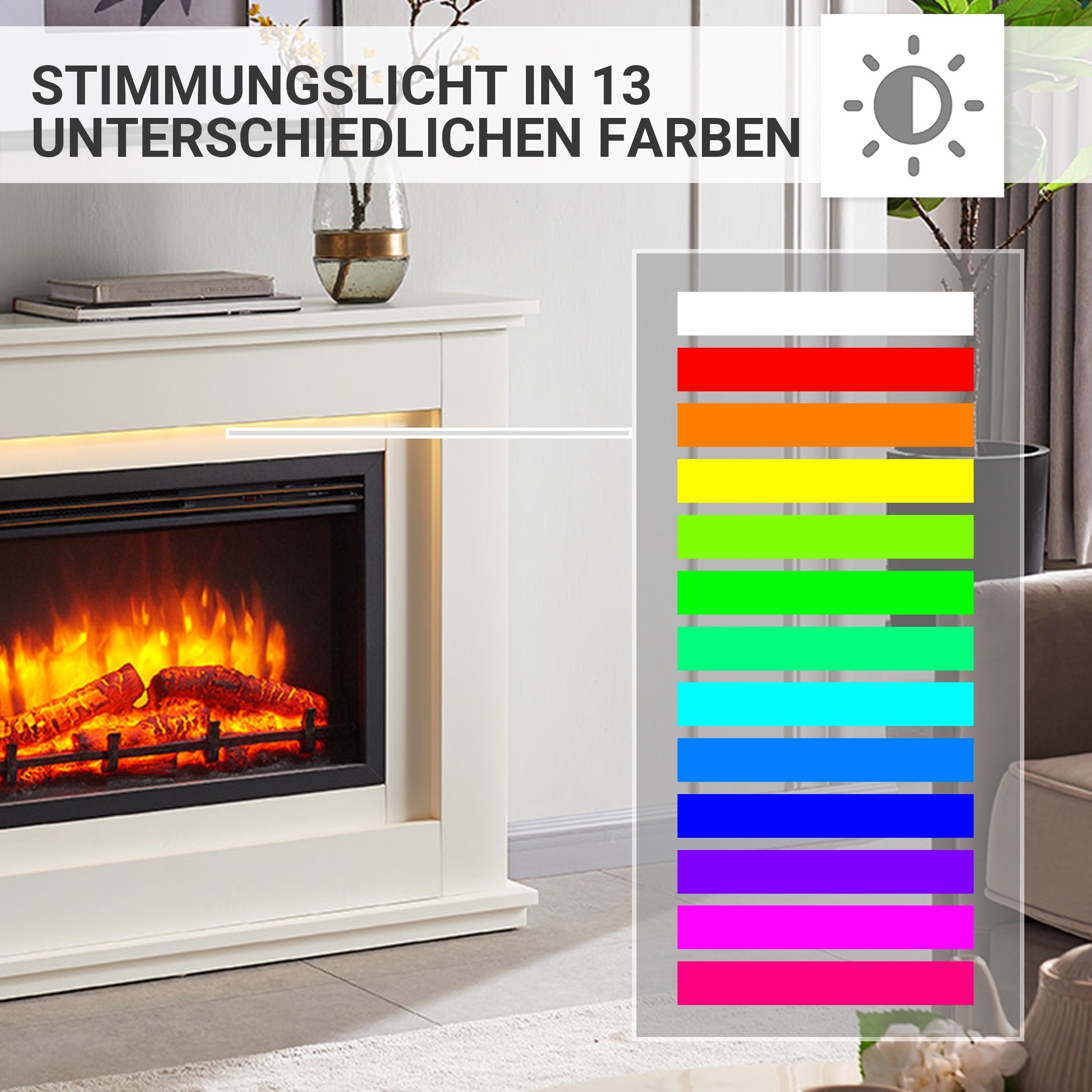 RICHEN Elektrokamin Baldur, Standkamin mit Heizung 2000W, 3D-Flammen, LED-Beleuchtung, App-Steuerung, WiFi, Thermostat, Timer