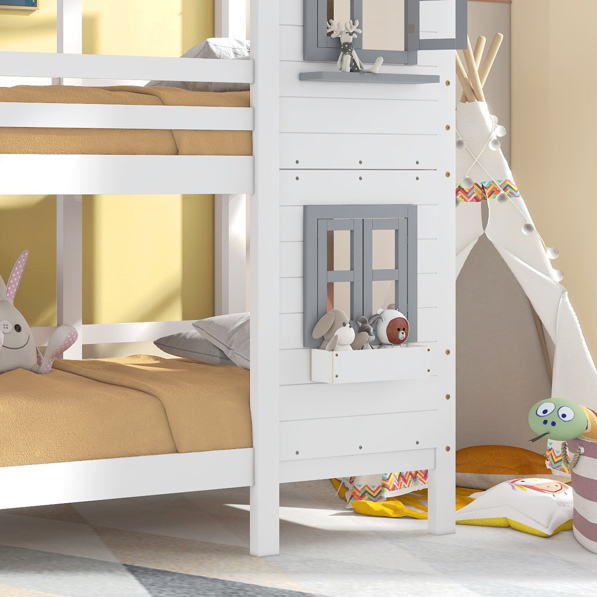 OKWISH Etagenbett Etagenbett mit Handlauf und Fenster, Bett, Kinderbett (Kinderbett mit Fallschutz und Gitter, Fallschutz und Gitter), Rahmen aus Kiefer,90x200cm
