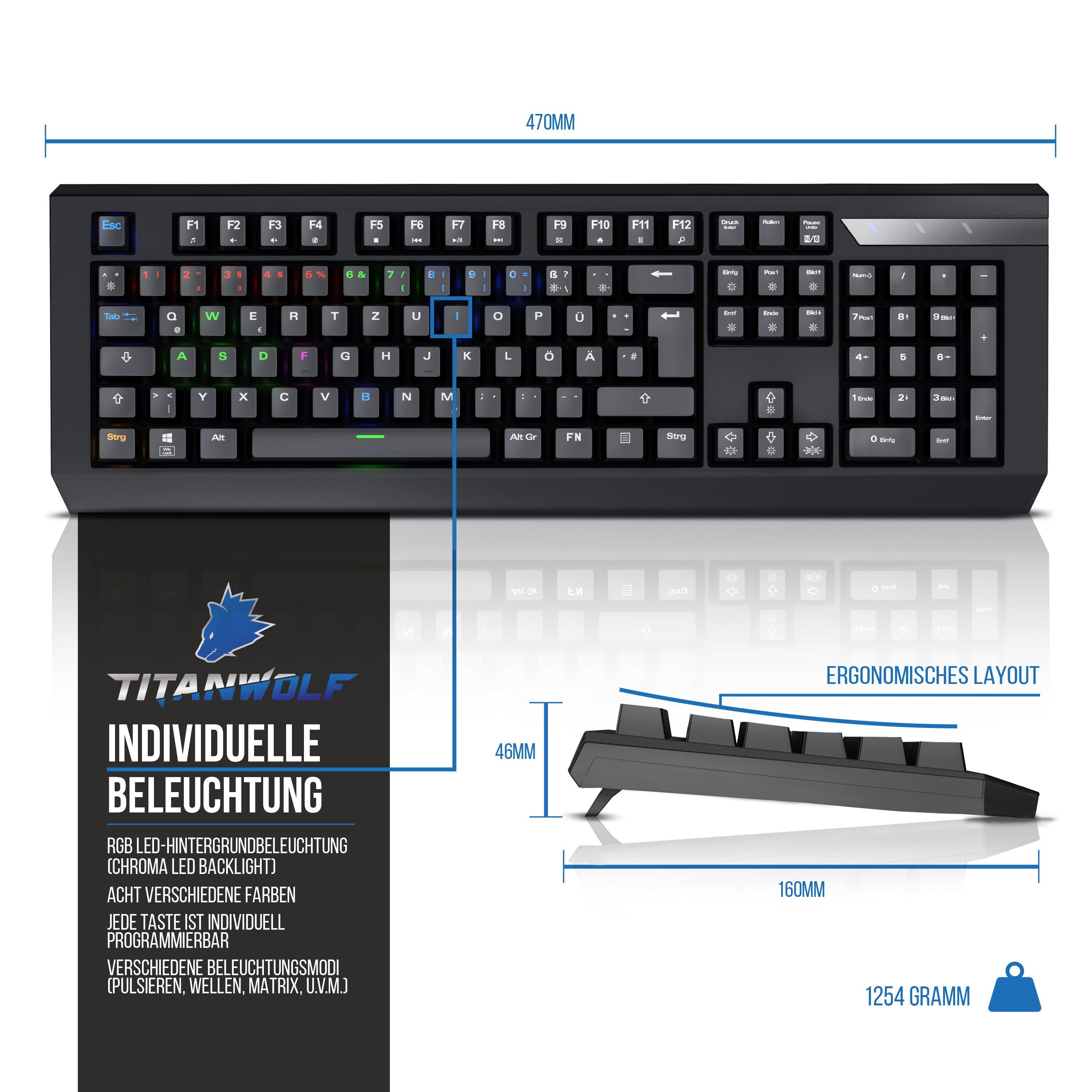 Titanwolf Gaming-Tastatur (mechanische Tastatur „Imperial“ Deutsches-Layout / RGB LED Beleuchtung)