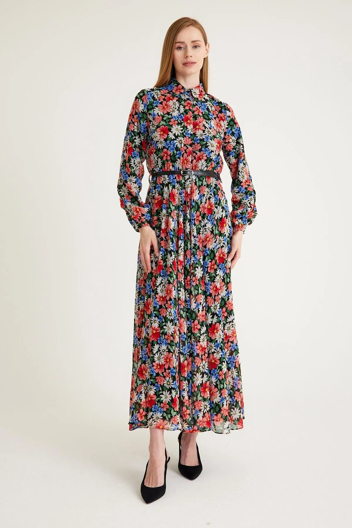 Olcay  Gemustertes Chiffonkleid - MERCAN 9619-EY mit geraffter Taille und Gürtel-Accessoires