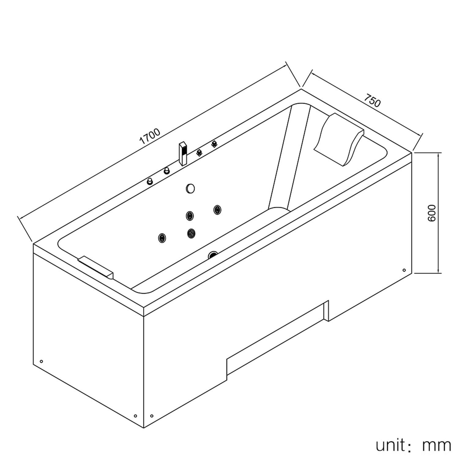 TroniTechnik Whirlpool-Badewanne IOS, 170 cm x 75 cm, Whirlpoolpumpe, 1-2 Personen, (inkl. Zubehör, vormontierte Badewanne mit Unterwasser LED), Premium Whirlpoolpumpe, Unterwasser LED, Massagedüsen