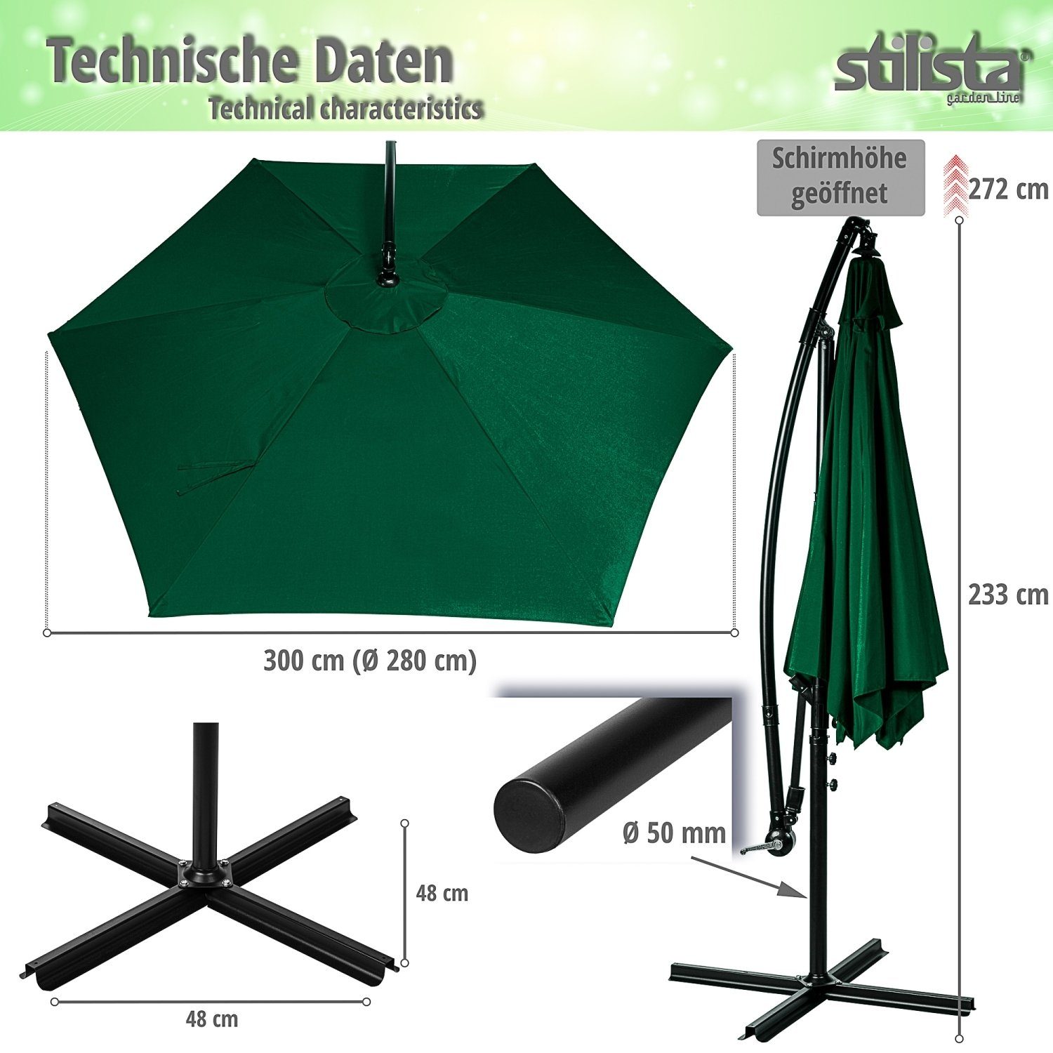 STILISTA Ampelschirm Sonnenschirm Gartenschirm Sonnenschutz Marktschirm, Ø 280 cm, UV 40+, Farbwahl, inklusive Abdeckung
