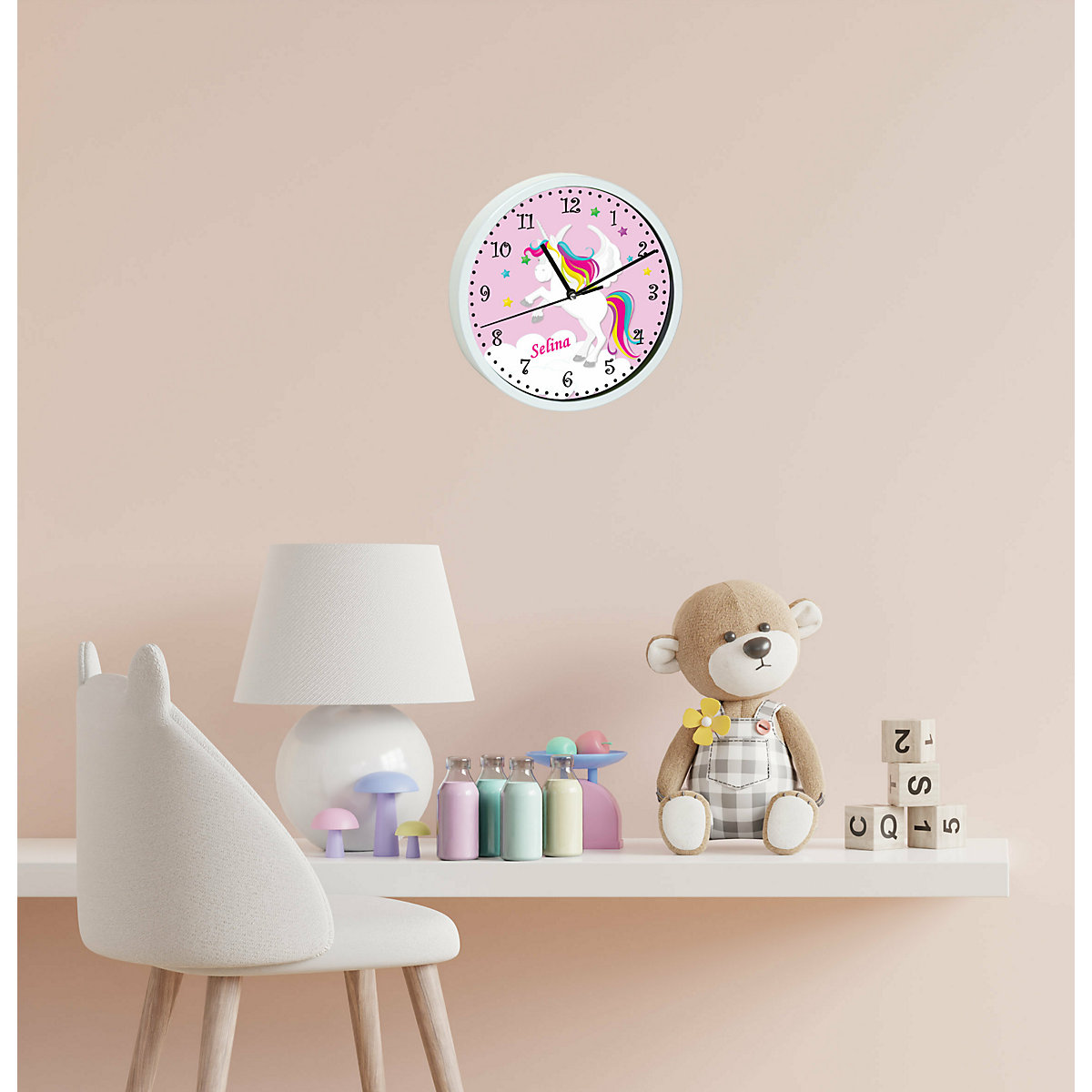 Kinder Wanduhr personalisiert mit Name Pegasus Rosa