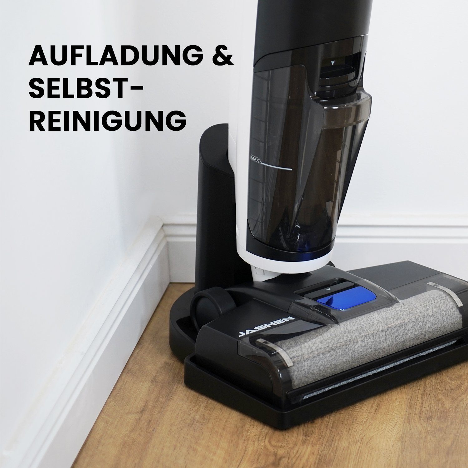 JASHEN Nass-Trocken-Akkusauger F12, 220,00 W, beutellos, getrennte Frisch- und Schmutzwassertanks, für alle Hartböden, automatische Selbstreinigung der Putzrolle