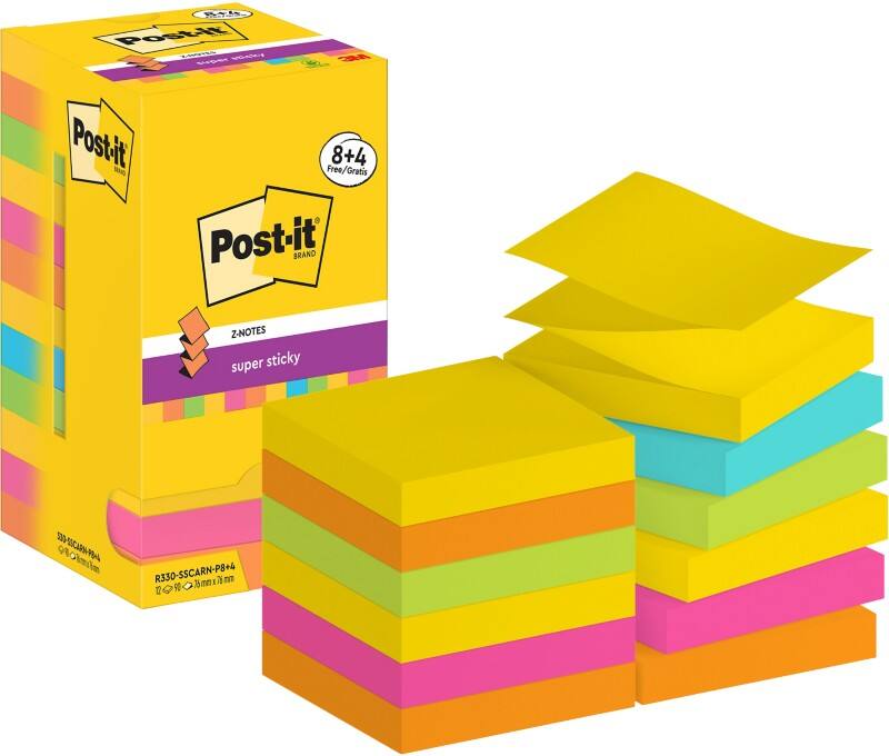 Post-it Super Sticky Z-Notes Haftnotizen R330-SSCARN-P8 4 76 x 76 mm 90 Blatt pro Block Blau, Gelb, Grün, Orange, Rosa 12 Stück (8   4 Gratis)
