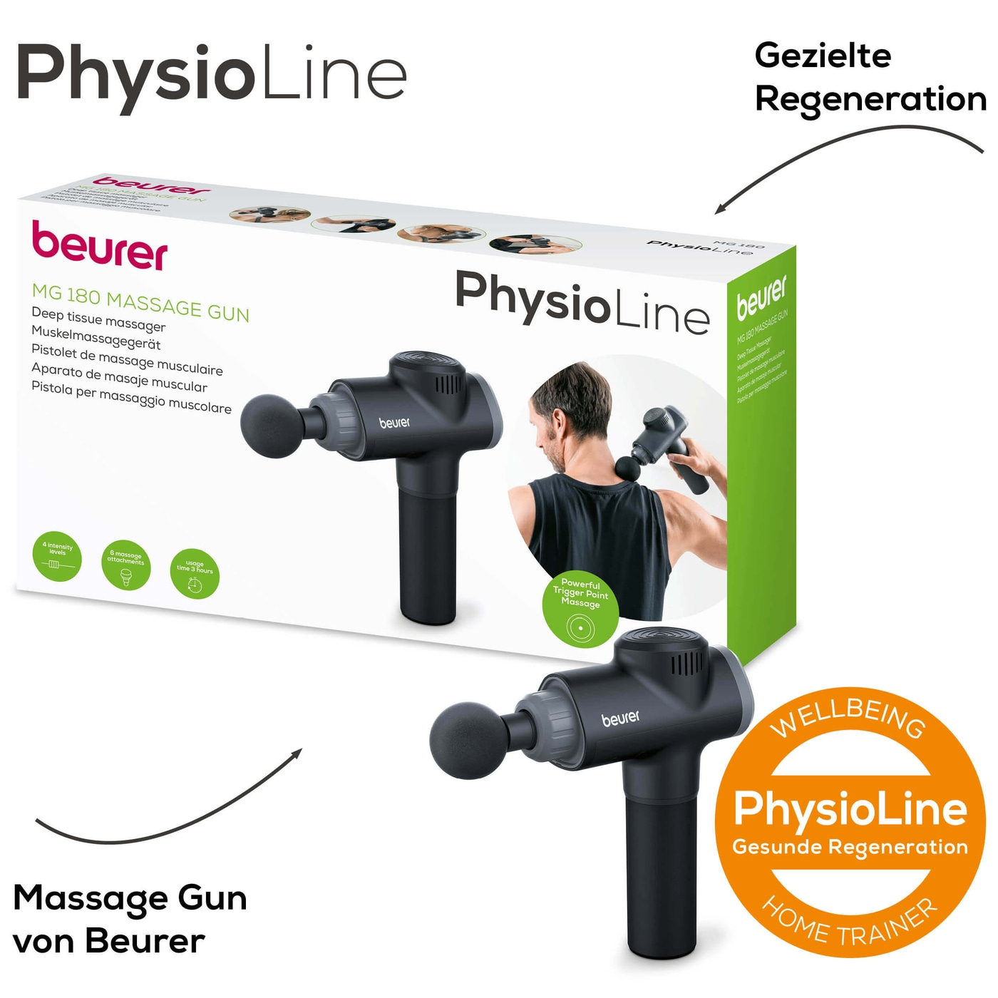 Beurer MG 180 MASSAGE GUN Muskelmassagegerät-Massage Gun zur gezielten Muskelmassage mit 6 Aufsätzen