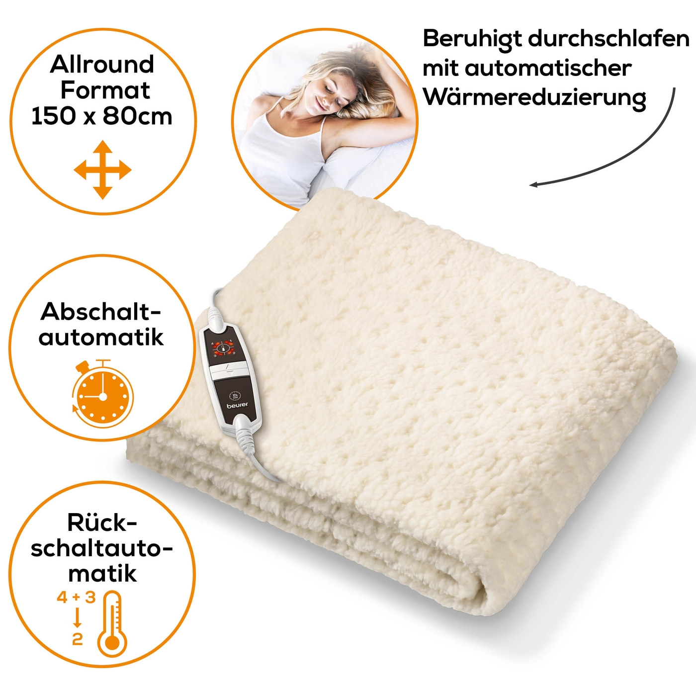 Beurer Wärmeunterbett UB 53 Teddy Single-Extra kuscheliges Wärmeunterbett mit 4 Temperaturstufen & Rückschaltautomatik - 150 x 80 cm