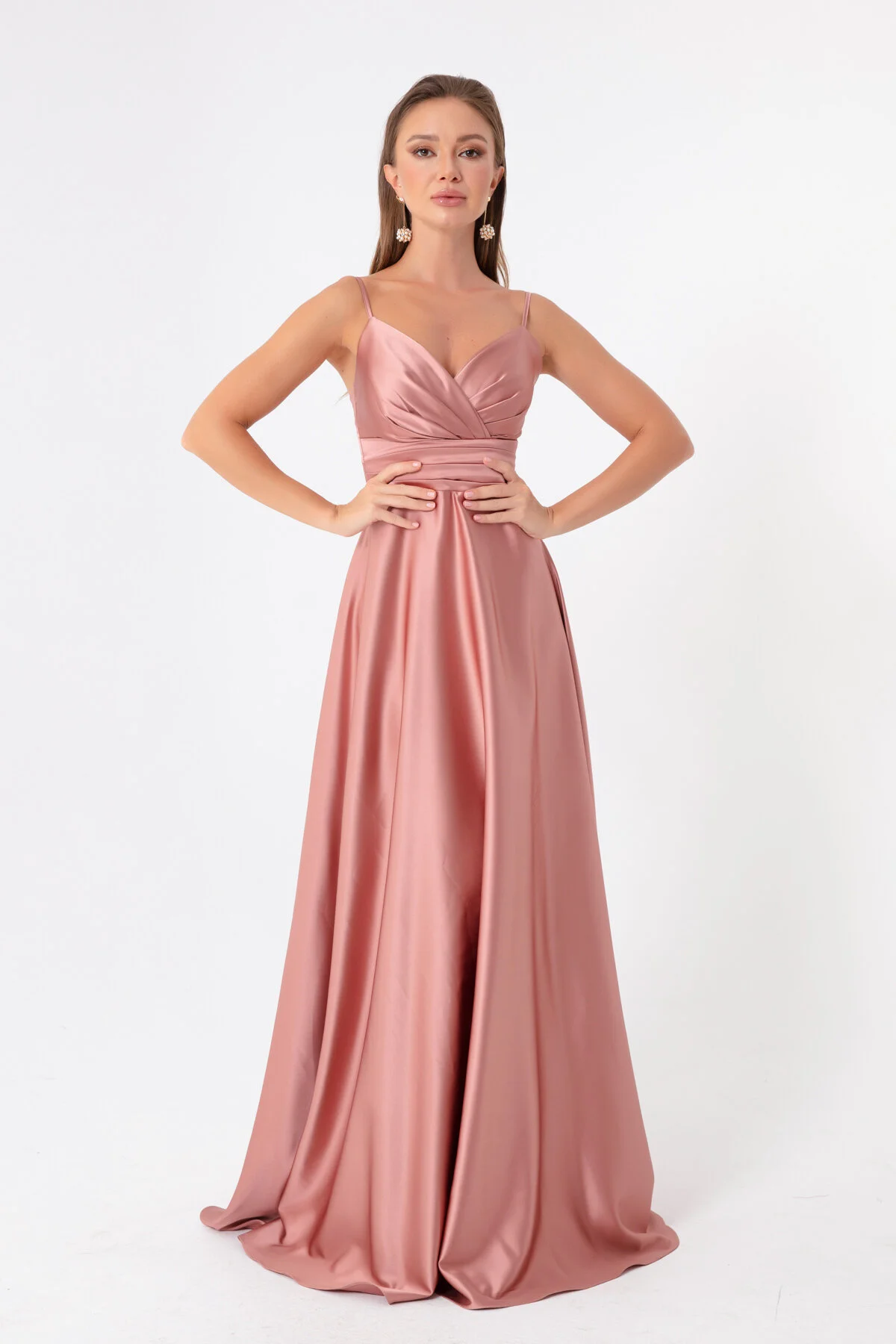 Lafaba  Langes Abendkleid und Abschlusskleid aus Satin für Damen in Lachsfarben mit Riemen an der Taille und Gürtel