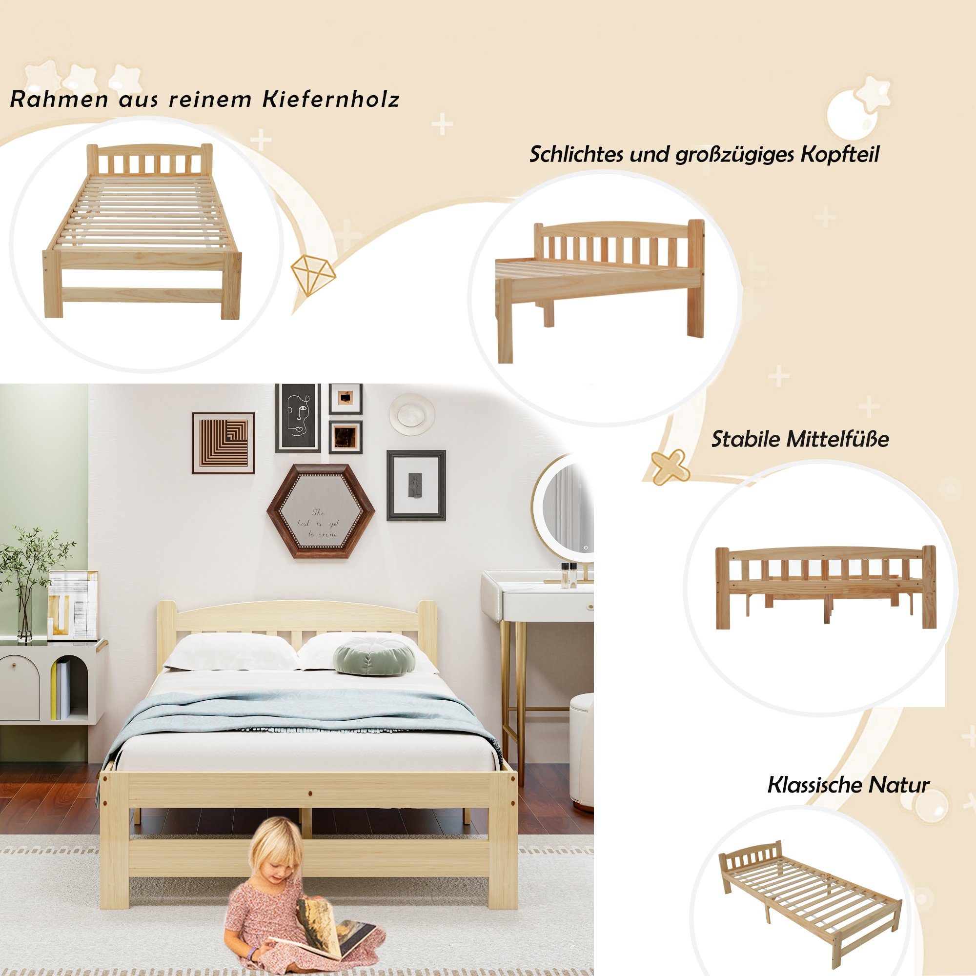 Fangqi Massivholzbett Massivholz Natur Bett mit Kopfteil und Lattenroste, 90/140x200cm,Natur, Solide Futonbett, Jugendbett, Erwachsenenbett