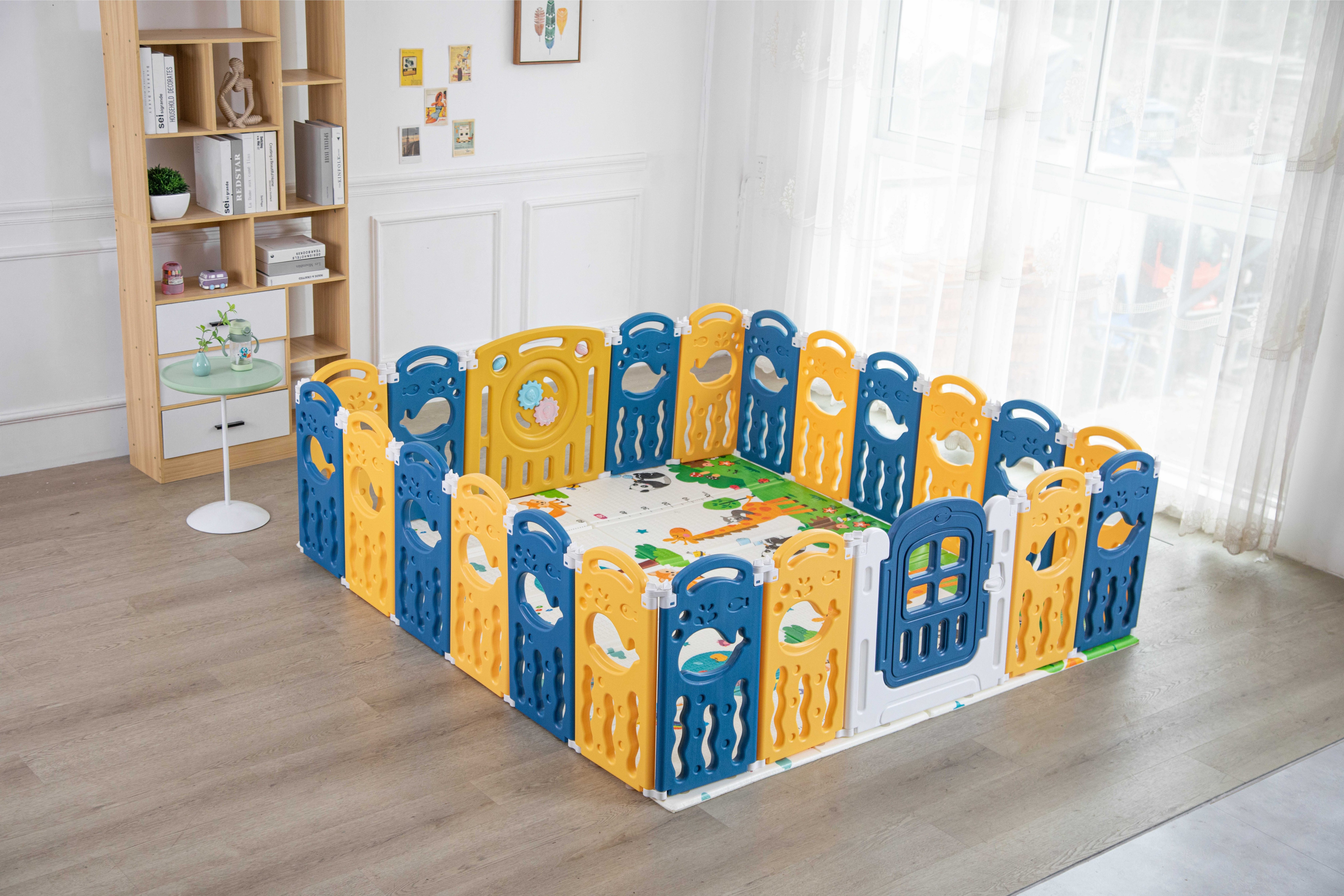 IKIDO Laufgitter Laufstall Baby Laufgitter (faltbar Absperrgitter mit Rutschfester Basis Krabbelgitter mit Tür), Spielplatz, mit Schloss, HDPE Material, freie Kombination