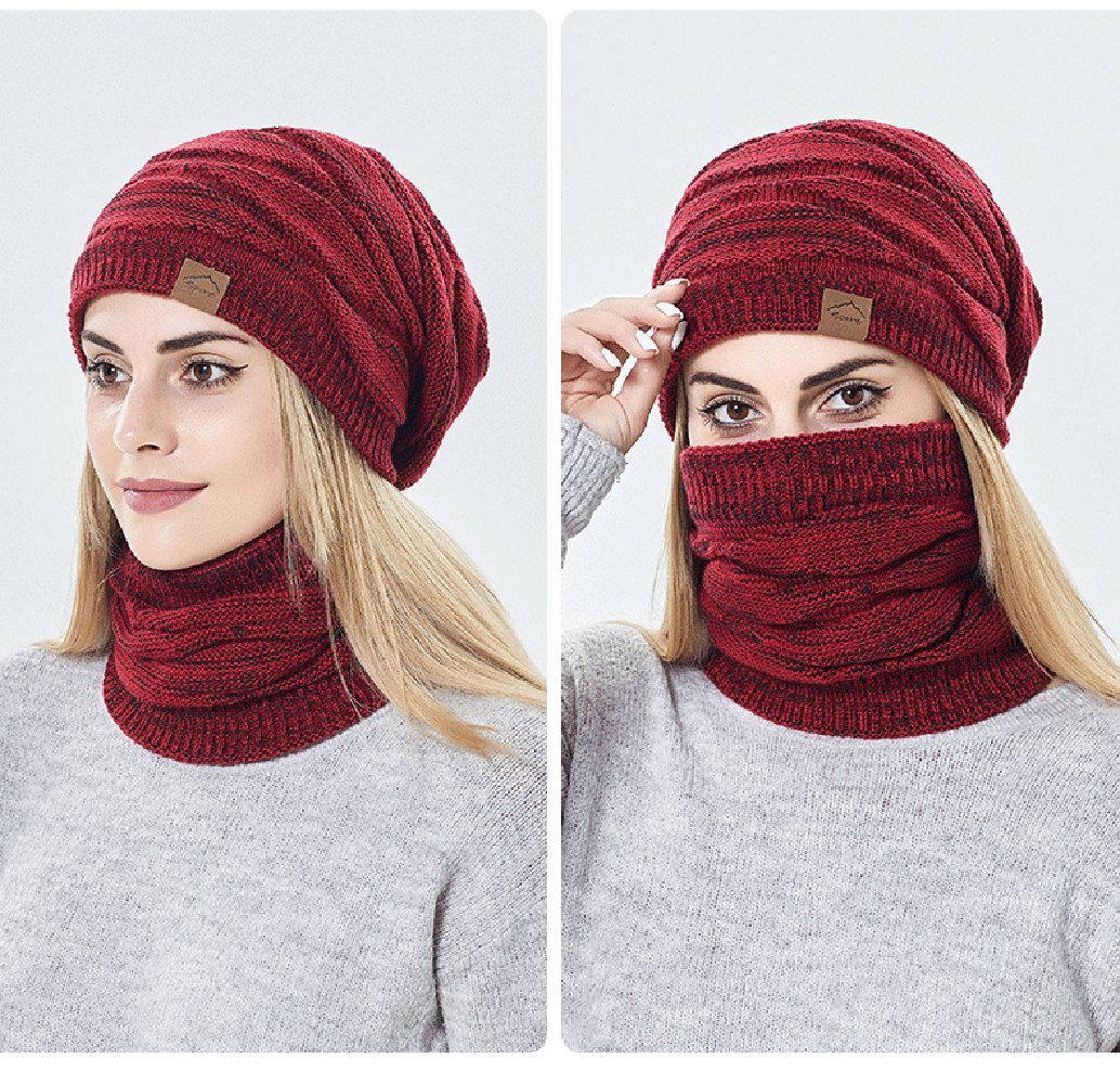 Strickmütze Strickmütze Winter Damen (1-tlg, Mütze + Schal) Winter Warme Gefüttertes Fleece Mütze